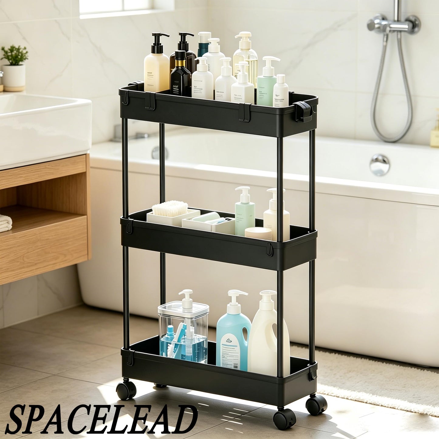 SPACELEAD Slim Storage Cart 3 Tier,Bathroom Organizer Rolling Utility,Mobile Shelving Unit Slide