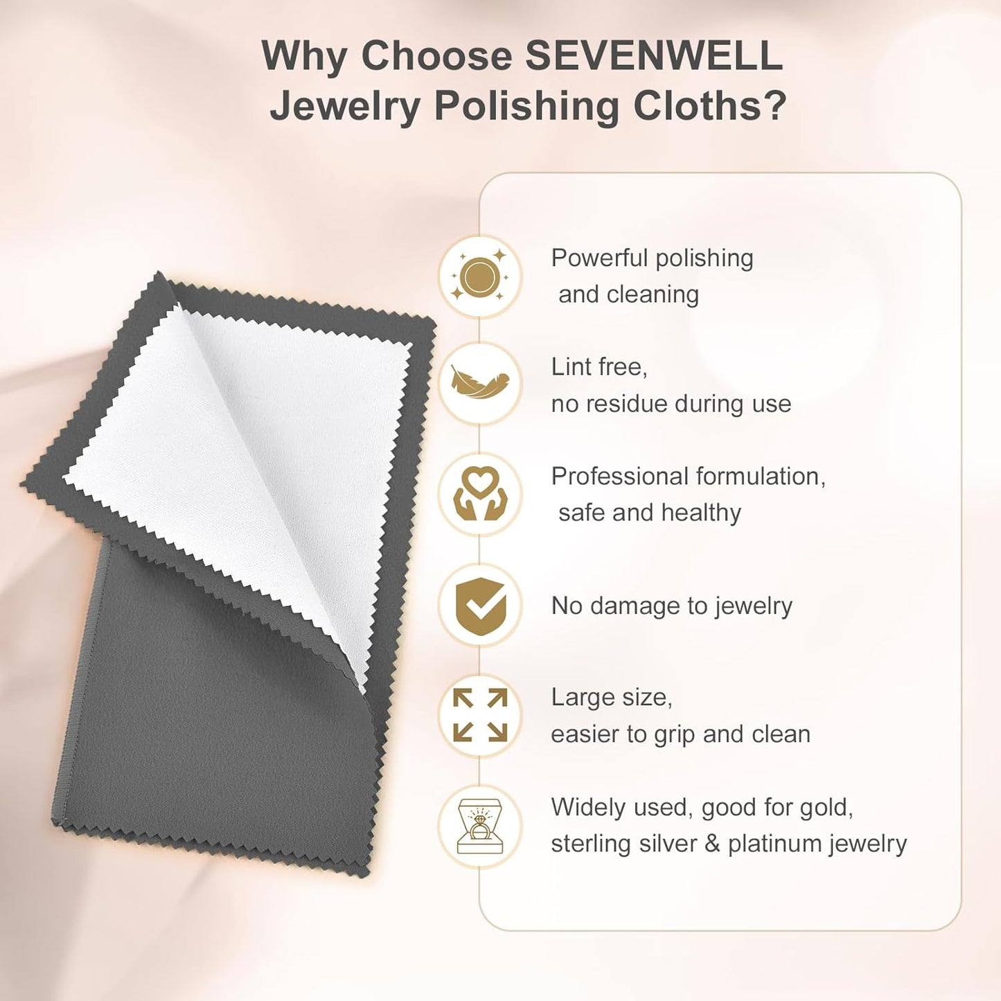 SEVENWELL Silver Polishing Cloth, Jewelry Cleaner Cloth for Sterling Silver Jewelry, Gold, Platinum, Silverware, Diamonds, Gemstones, Coins (20cm Dark Grey Silver Cloth)