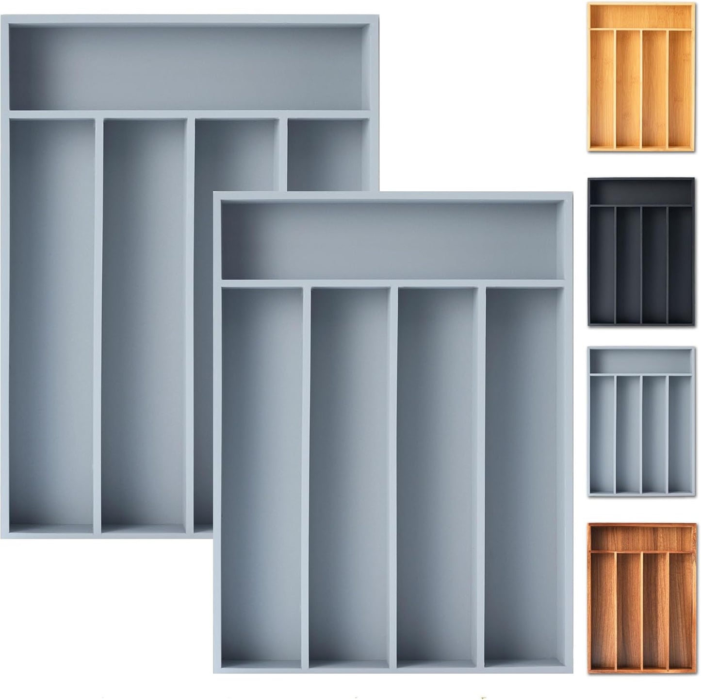 Silverware Organizer, 2 Pack 10 Inch Utensil Organizer Kitchen Drawer Organizer Bamboo Silverware Holder Cutlery Tray Organizer in Drawer Flatware Organizer Tray(5 slots, Gray）