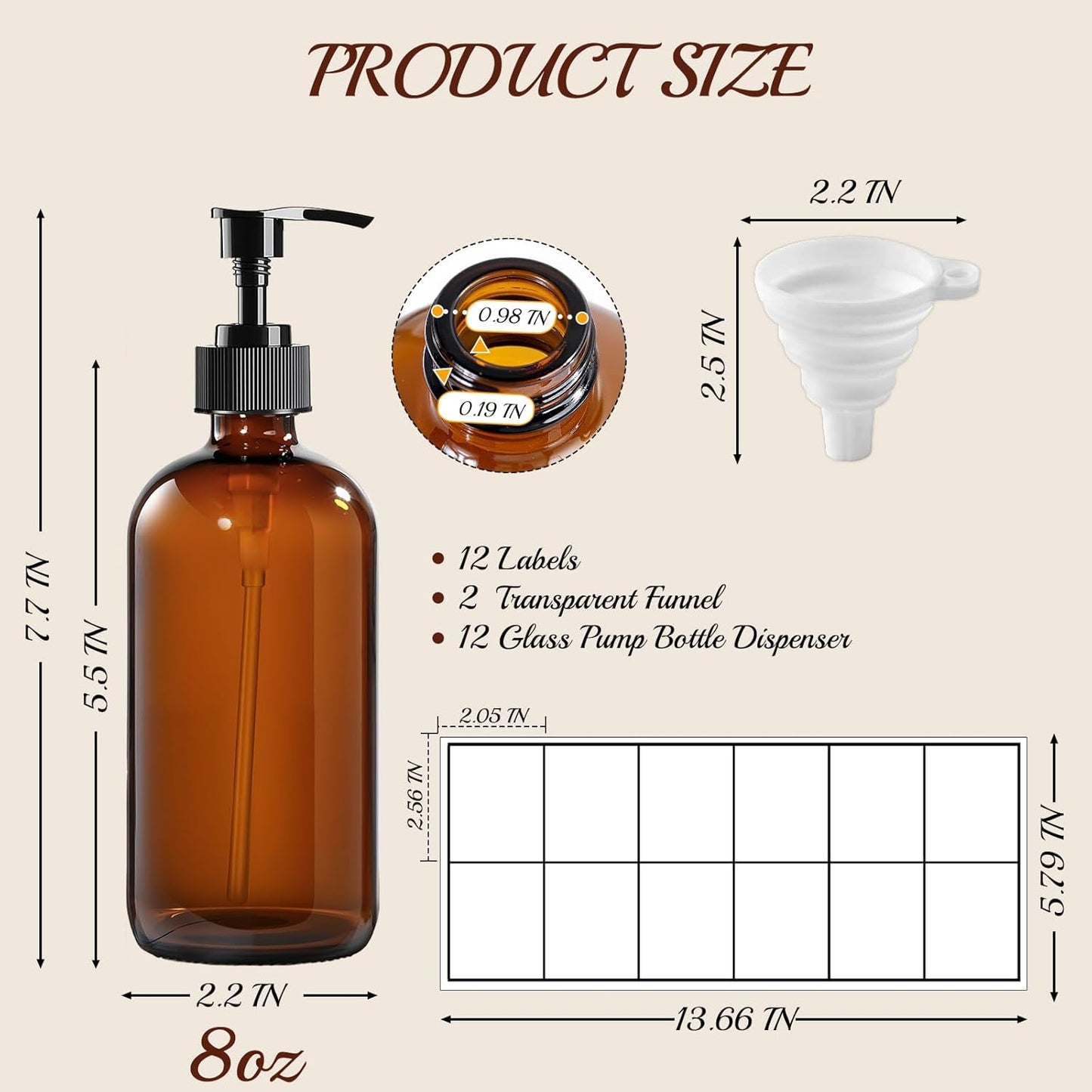 12 Pack Amber Glass Bottles 8oz with Pump Dispensers, Refillable Empty Pump Bottles for Bathroom, Kitchen, Shampoo, Soap, Lotion – Includes 2 Funnels & 12 Labels