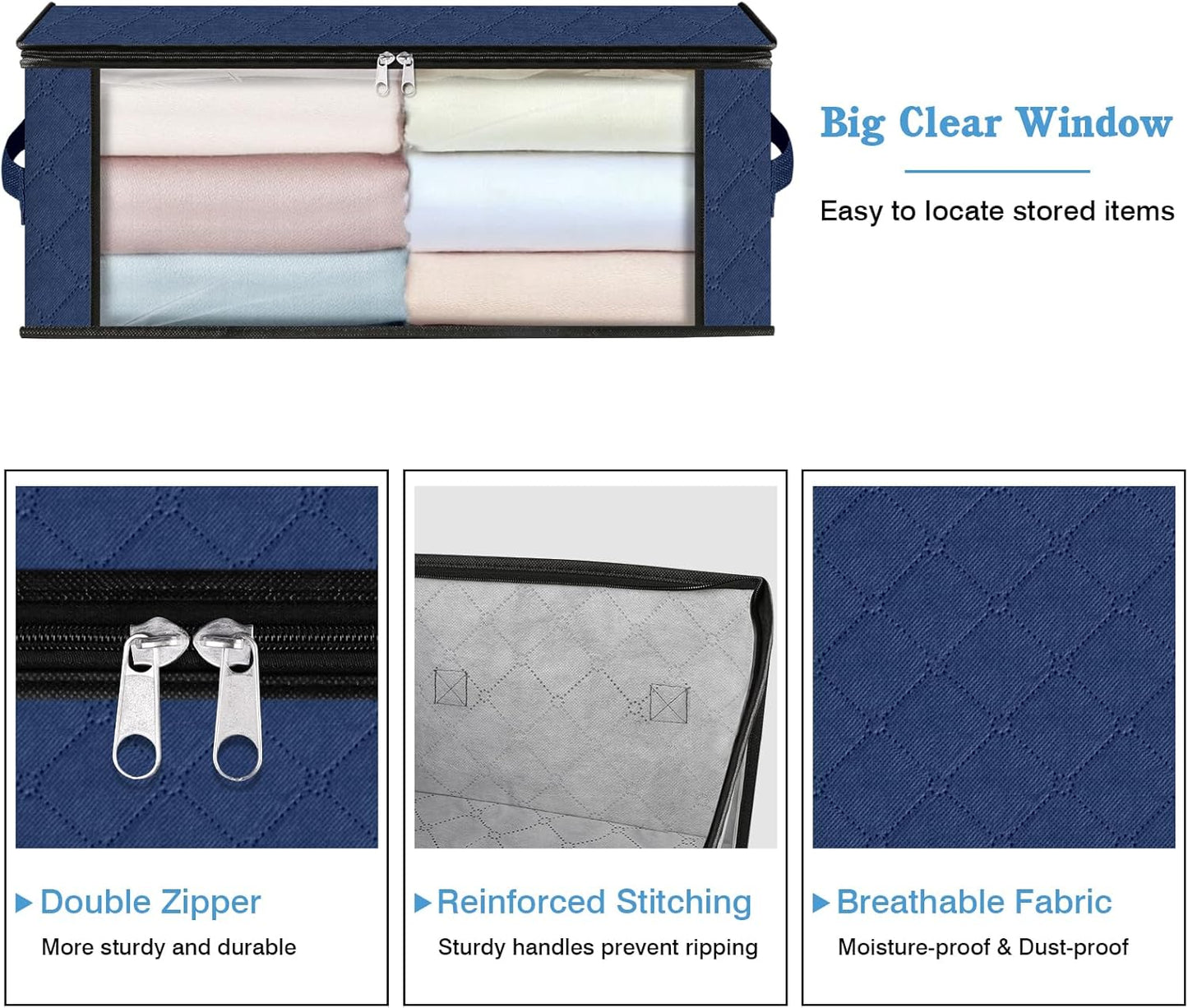 HomeHacks Storage 8-Pack Clothes Organizer Storage Bags Foldable Storage Box with Large Clear Window Sturdy Handles for Closet, Dorm, Pillows, Bedding, Clothes, Blankets, 35L, Blue