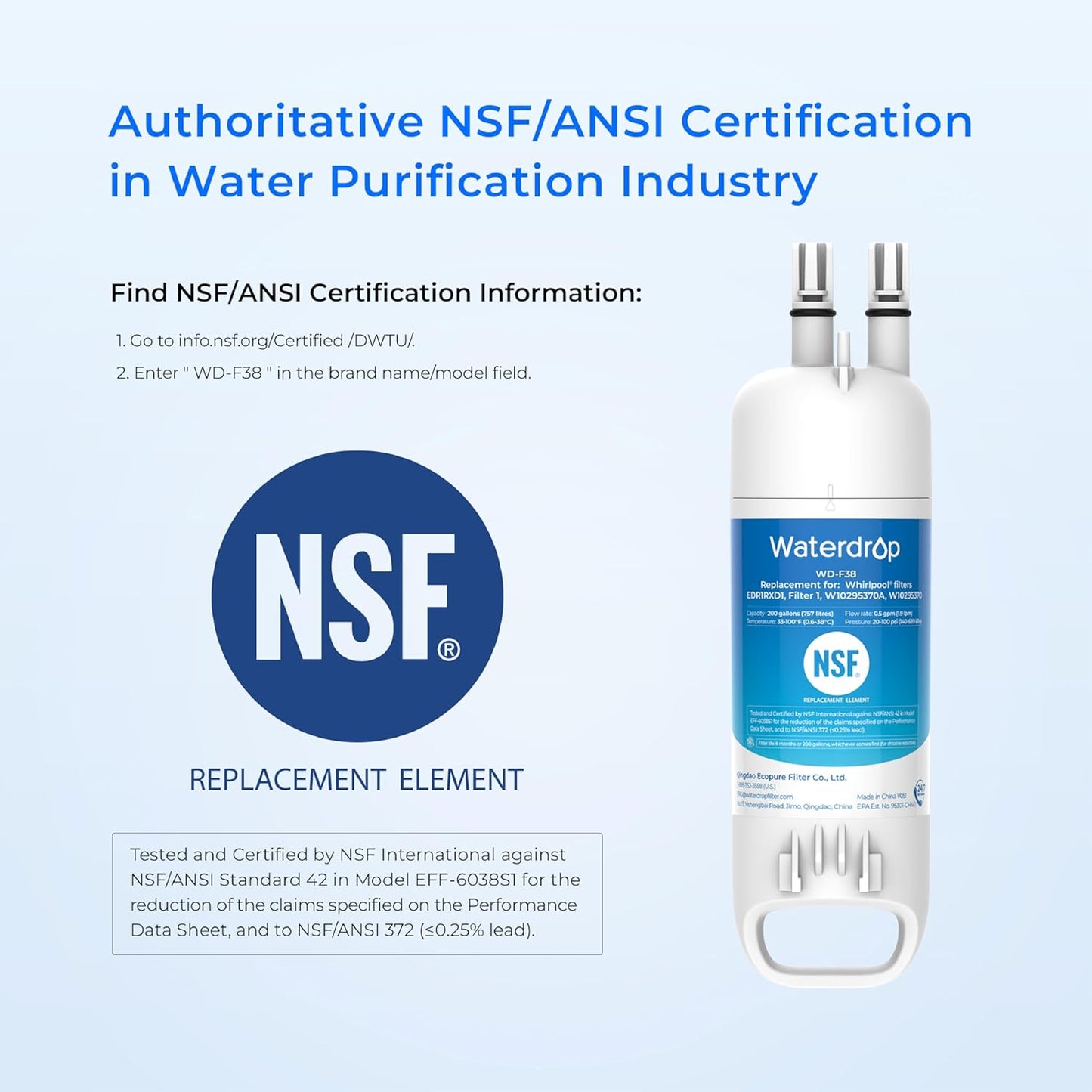 Waterdrop ?�„?�ƒ?�‘?Ÿ�?�‘?�—?�ƒ?Ÿ� Replacement for Everydrop® ?�…?�¢?�¥?�­?�ž?�« ?Ÿ�,W10295370A, EDR1RXD1B, P8RFWB2L, P4RFWB, Kenmore® 46-9081, 46-9930, WD-F38 Refrigerator Water Filter, 2 Filters