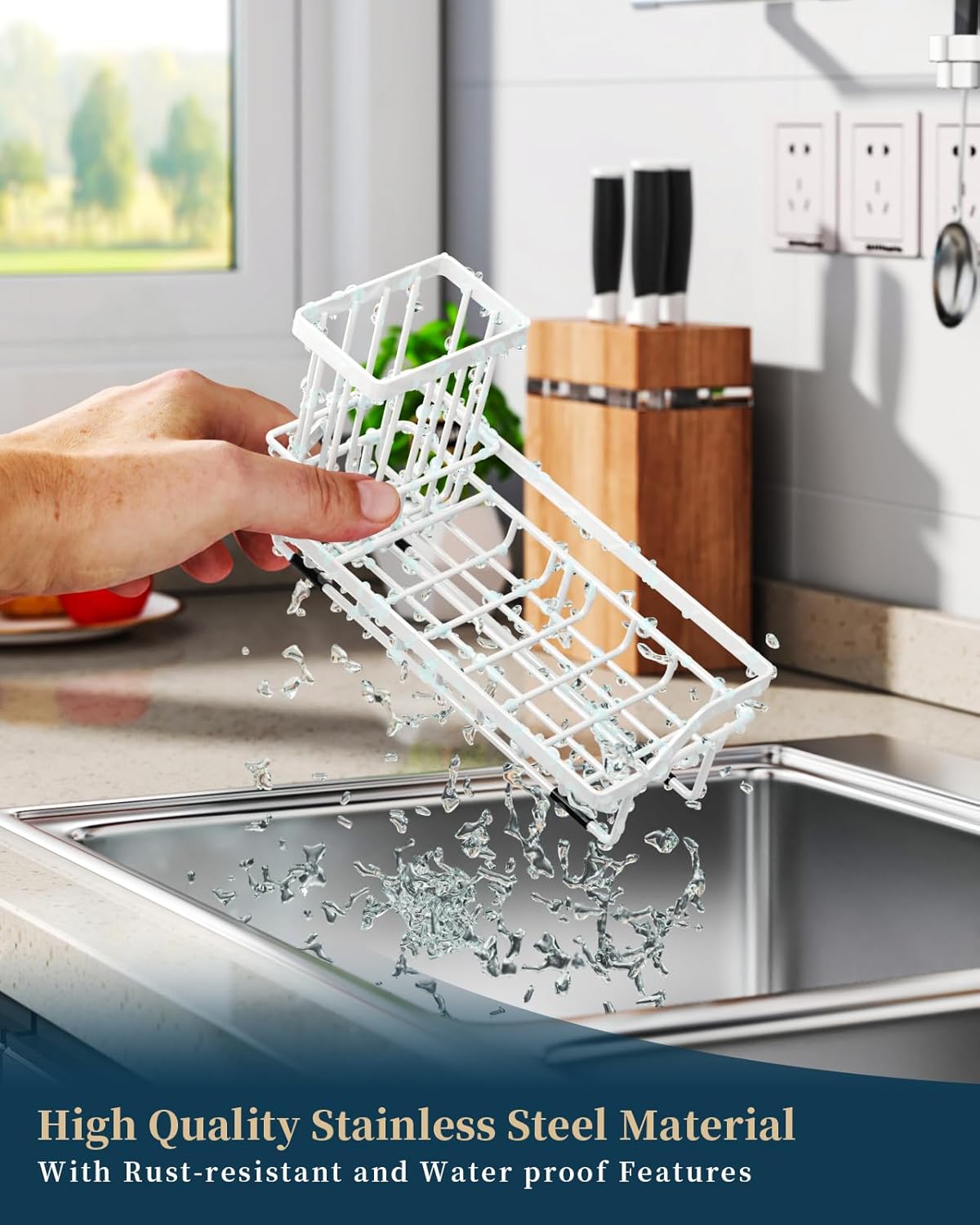 Consumest Sponge Holder for Kitchen Sink - Sink Caddy Organizer with Removable Drip Tray for Countertop Dish Soap Dispenser Brush Storage Kitchen Accessories 304 Stainless Steel, White