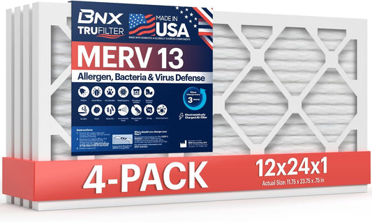 BNX TruFilter 12x24x1 Air Filter MERV 13 (4-Pack) - MADE IN USA - Electrostatic Pleated Air