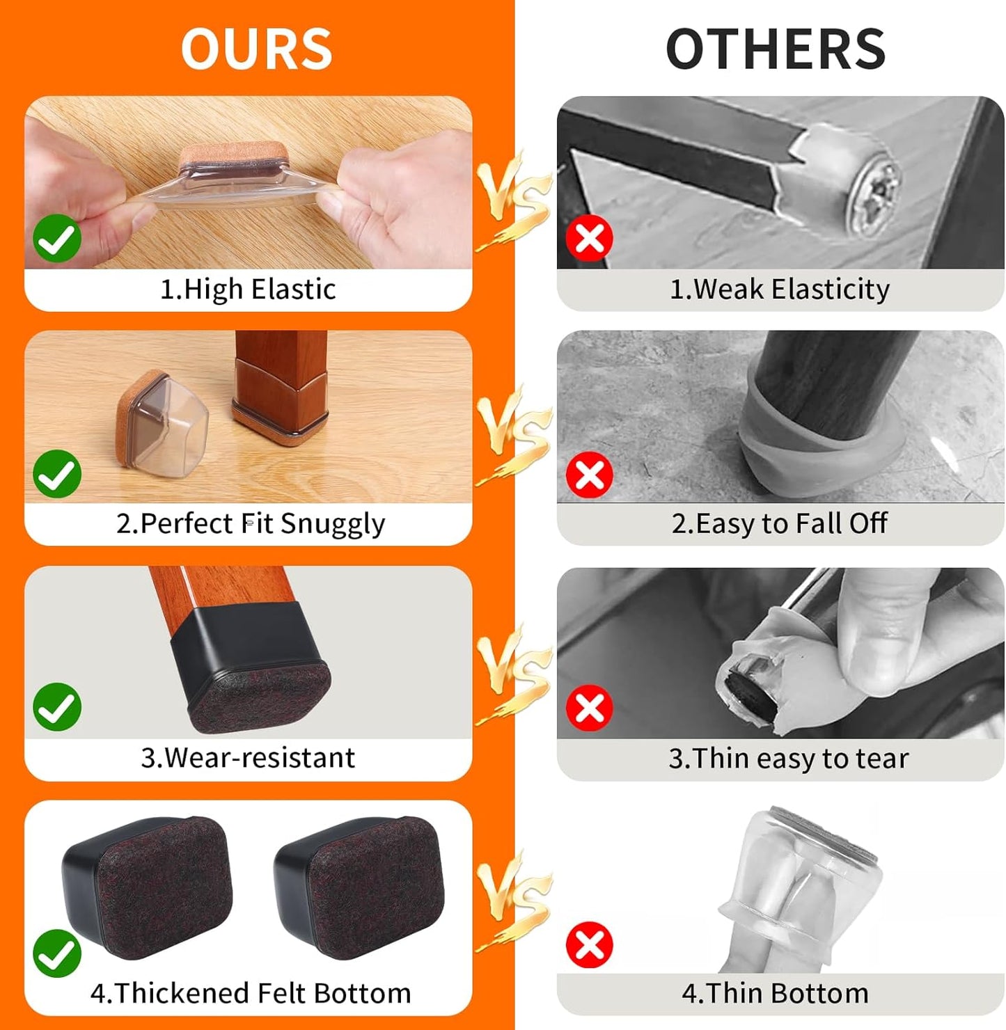 Ezprotekt 24 Pcs Rectangle Felt Chair Leg Floor Protectors for Hardwood Floors, Rectangle Black Silicone Furniture Pads Caps Covers for Chair Desk Table (Fit L :1.3-1.7", W: 0.6-0.9")