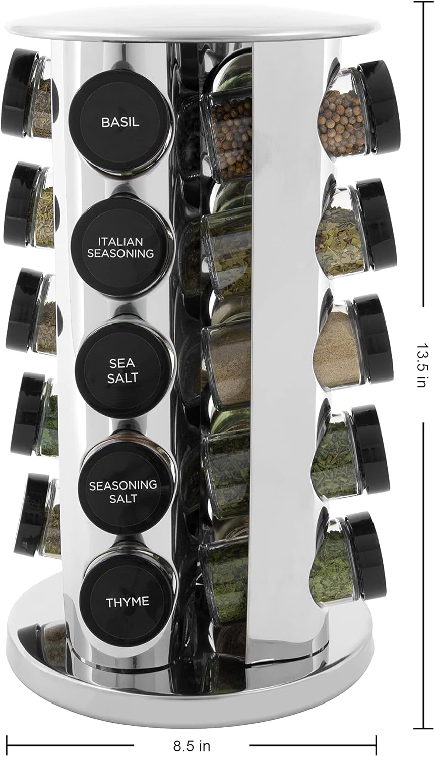 Kamenstein 20 Jar Revolving Countertop Spice Rack with Spices Included, FREE Spice Refills for 5 Years, Polished Stainless Steel with Black Caps, 30020