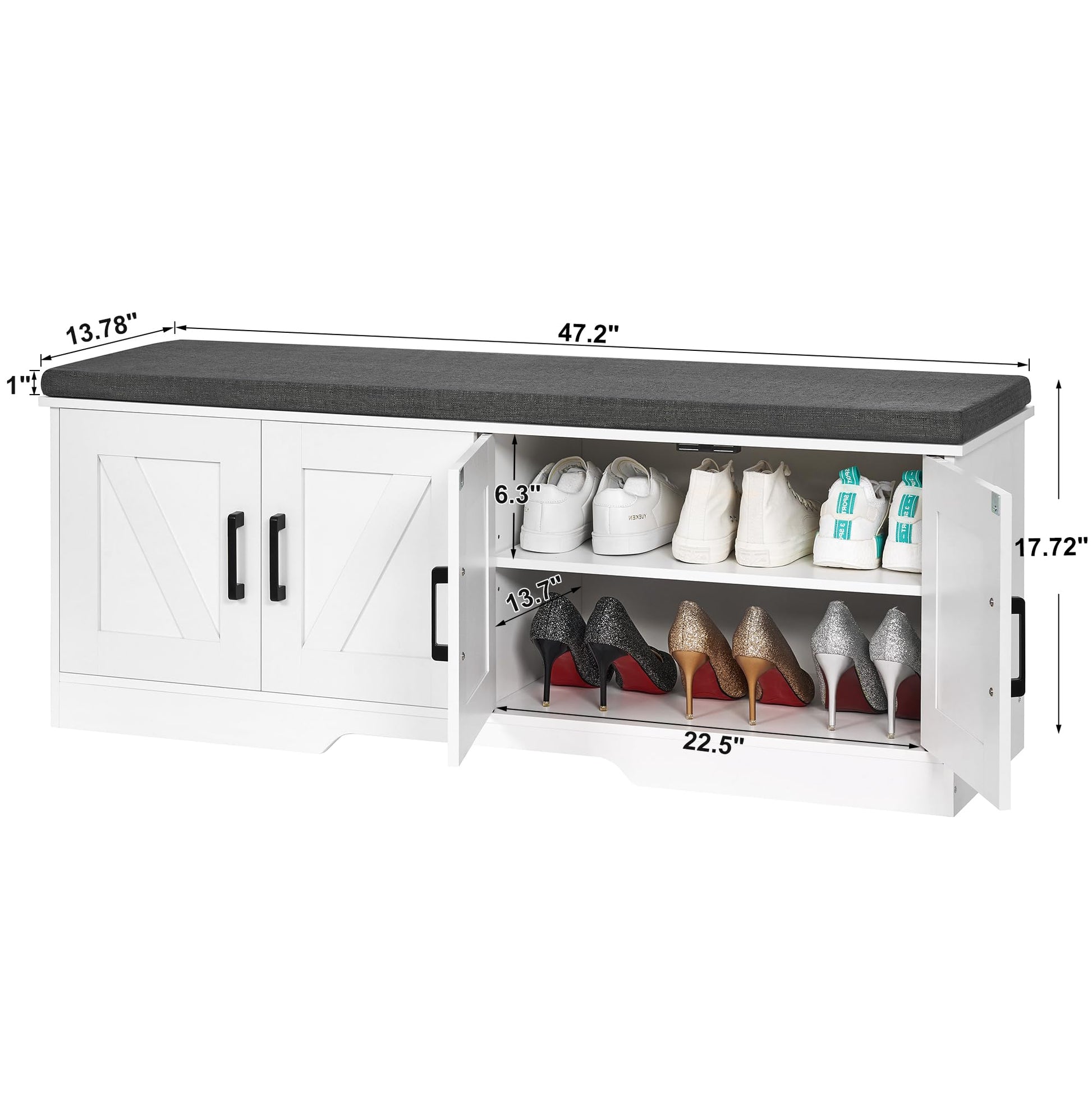 HOMSHO Farmhouse Shoe Storage Bench with 4 Barn Doors & Padded Seat Cushion