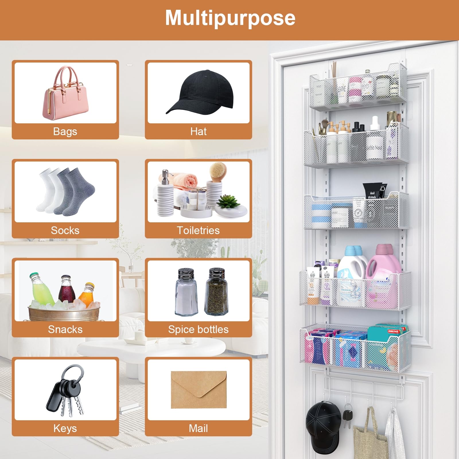 VyGrow Over The Door Organizer, Metal Door Organizer Hanging with 5 Adjustable Baskets and Coat
