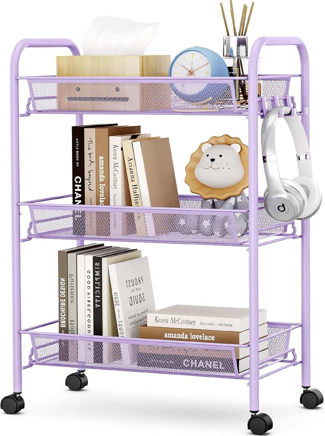 TOOLF 3-Tier Metal Rolling Cart, Mesh Wire Easy Assemble Utility Cart, Storage Trolley on Wheels with 3 Hooks, MetalStorage Shelving Units for Kitchen Bathroom Laundry Room