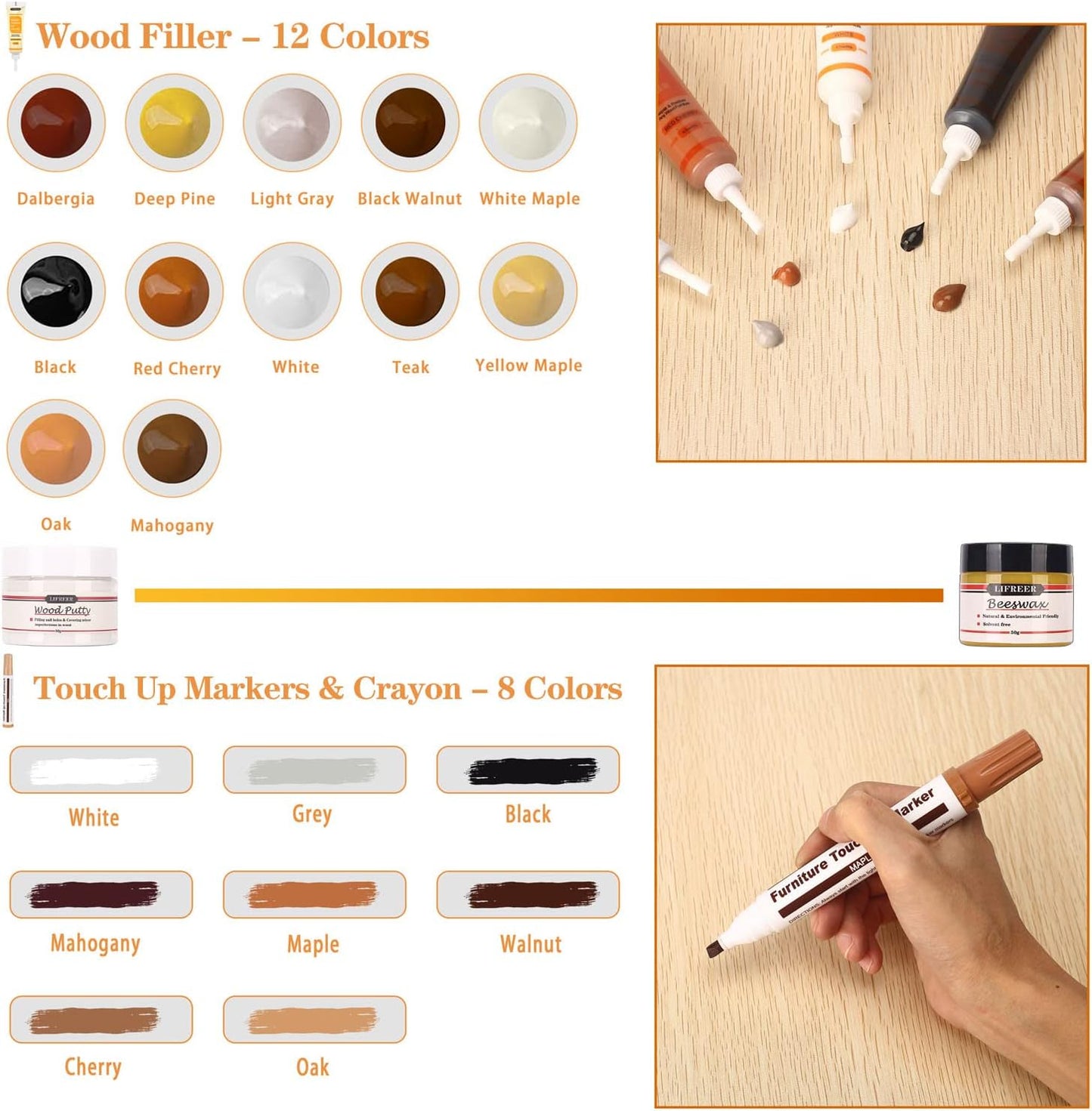 Lifreer Wood Repair Kit, 42 Pcs Furniture Repair Kit - Wood Filler, Touch Up Marker, Wood Putty, Wood Crayon for Scratch, Cracks, Stains, Discoloration for Wooden Door, Floor, Table, Cabinet