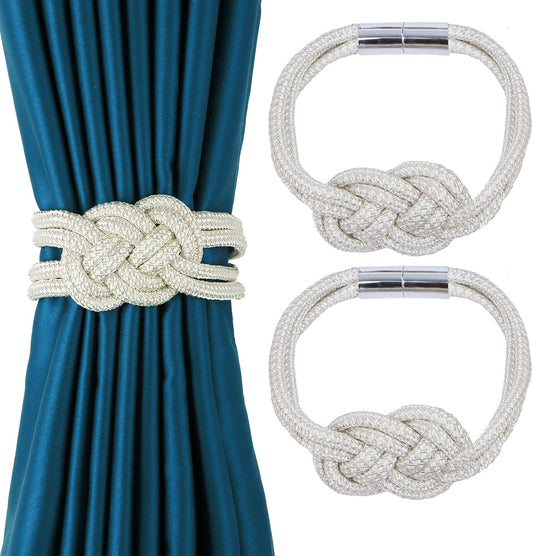 2 Pack Magnetic Curtain Tiebacks, Hand Weave Rope Knot Decorative Curtain Holdbacks for Home &