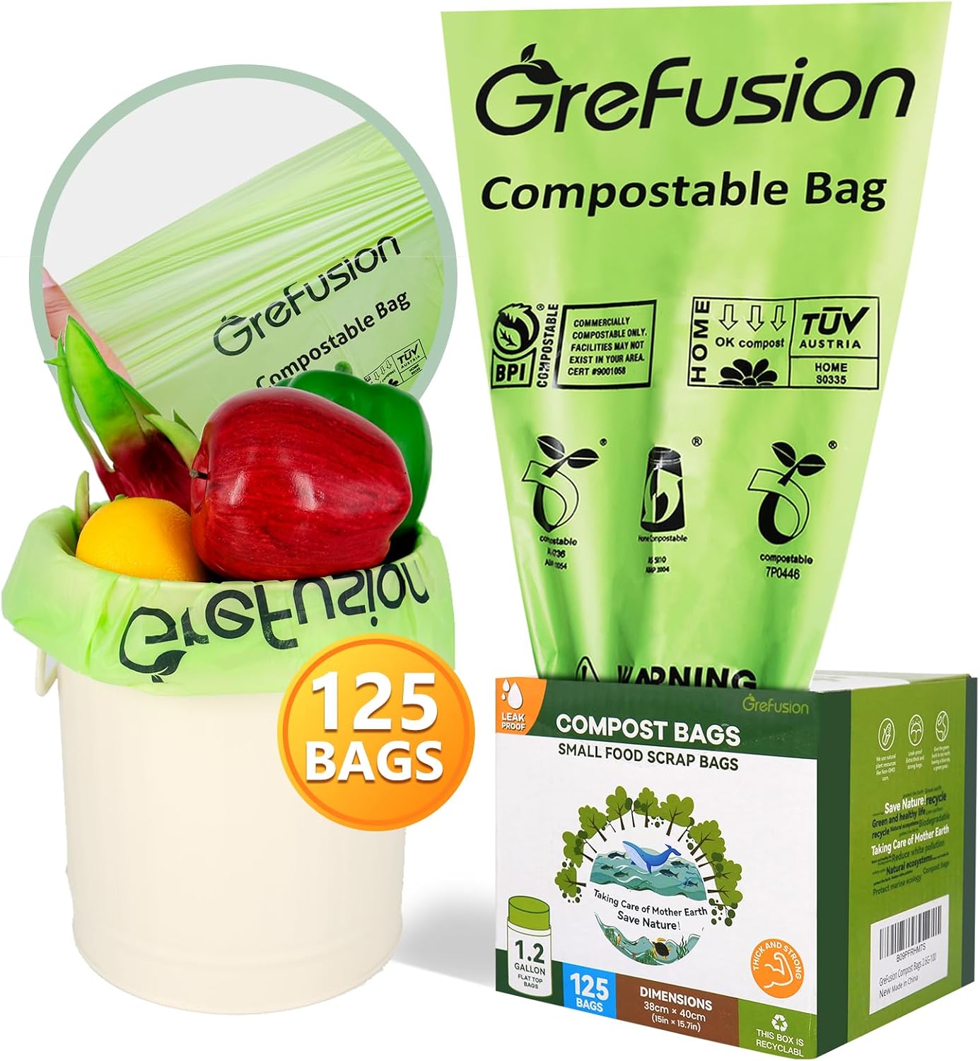 GreFusion Compostable Bags for Kitchen Compost Bin, 1.2 Gallon, 125 Count, Certified by BPI and ASTM, Leakproof and Odor Control