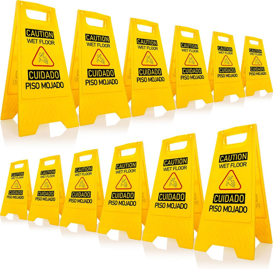 12-Pack Bilingual Caution Wet Floor Signs, A-Frame Double-Sided Warning Signs for Indoor & Outdoor