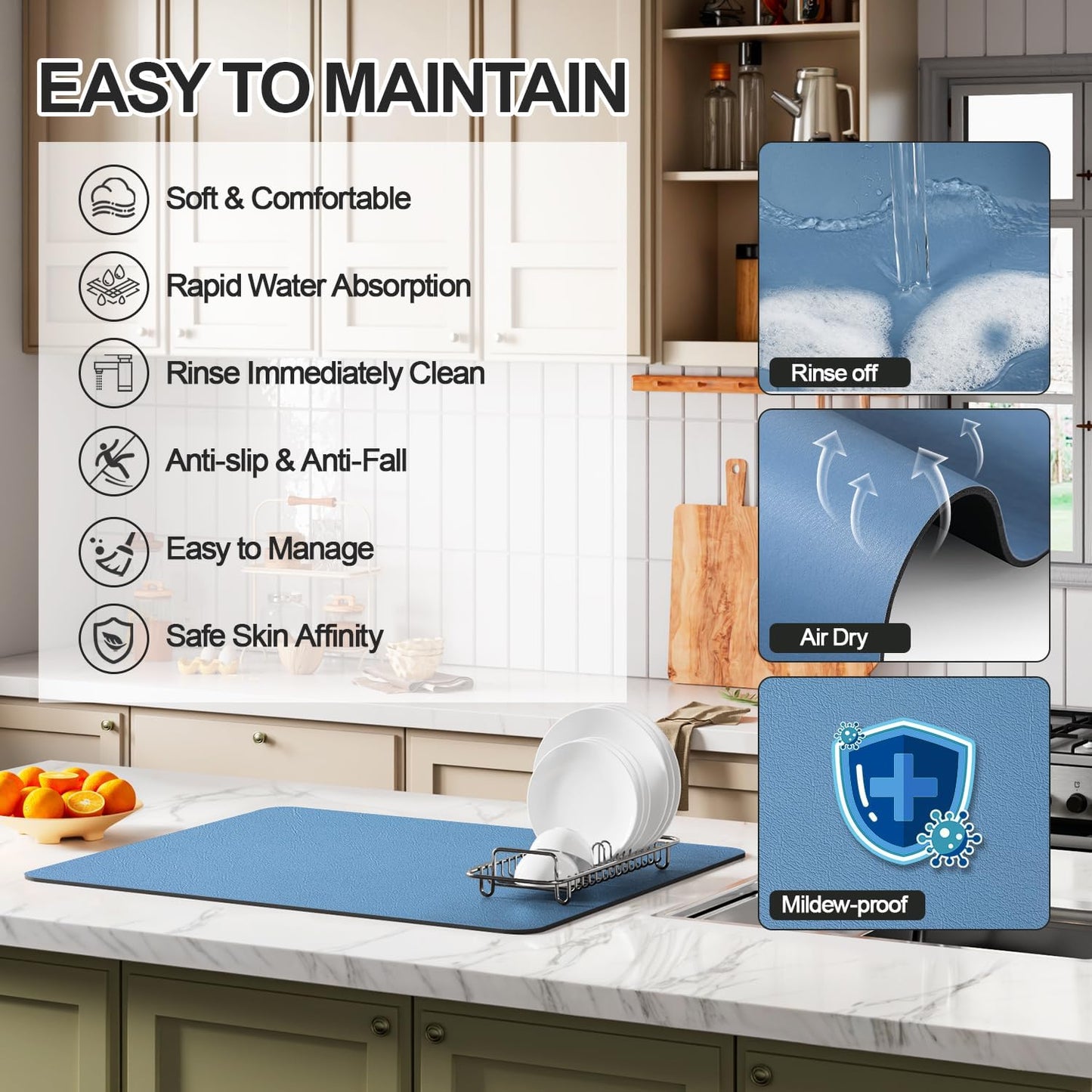 Dish Drying Mat for Kitchen Counter | Coffee Bar Mat for Countertops | Heat Resistant Drainer Mat with Non-slip Rubber Backed | Hide Stain Kitchen Absorbent Draining Mat | Blue 16"x20"