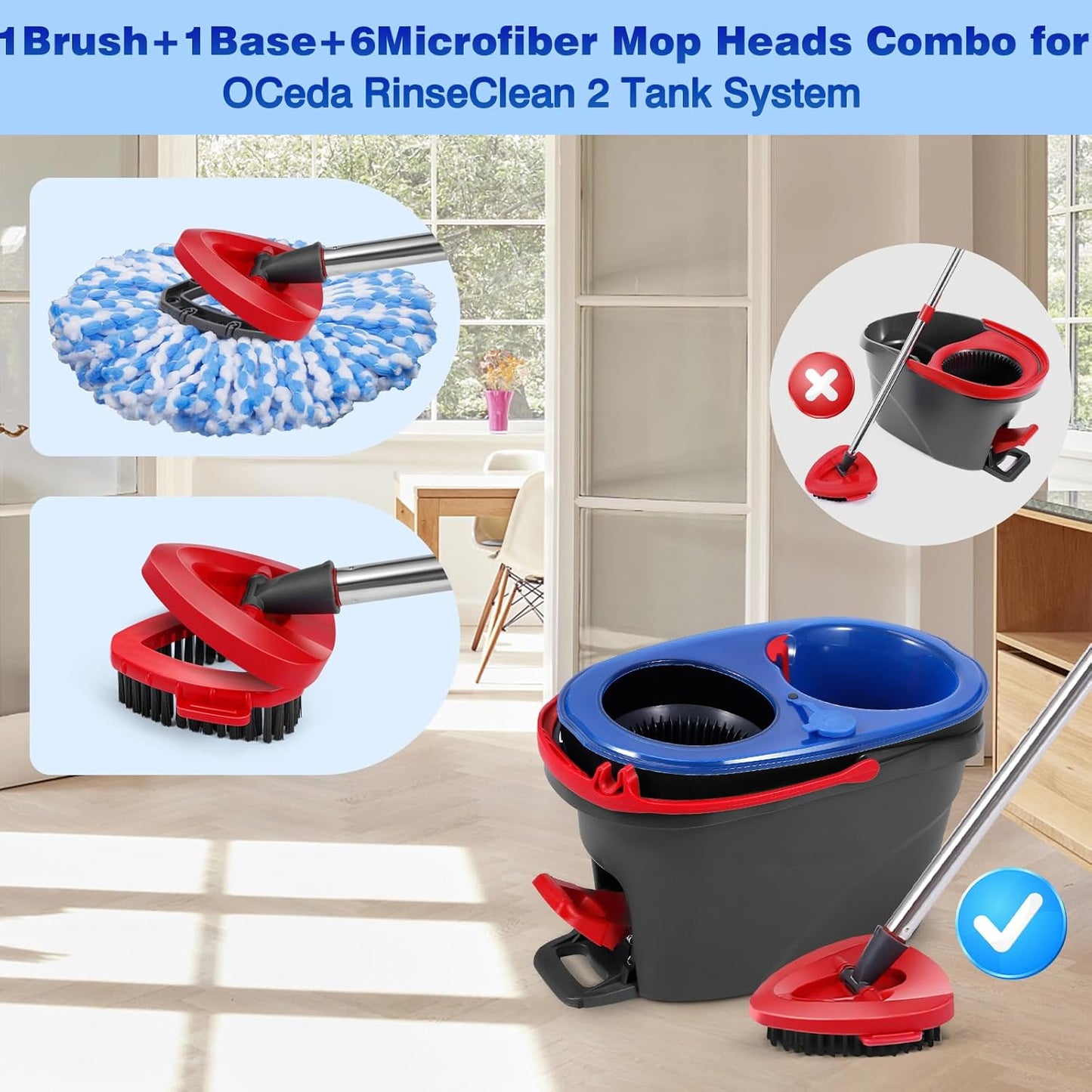 Mop Replacement Heads 6 Pcs & 1 Scrub Brush & 1 Base Combo,Spin Mop Replacement Head for Ocedar RinseClean 2-Tank System,Easy Cleaning,Microfiber,Machine Washable for Bathroom,Kitchen,Tub and Tile