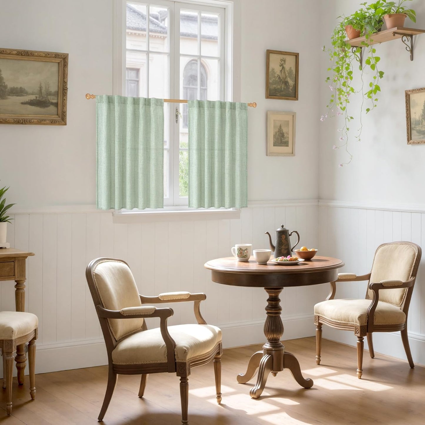 YoungsTex Sage Green Linen Cafe Curtains 36 Inch Length, Short Drapes Light Filtering with Rod Pocket Back Tab for Cafe Kitchen Windows Over Sink, 2 Panels, 42 X 36 Inch