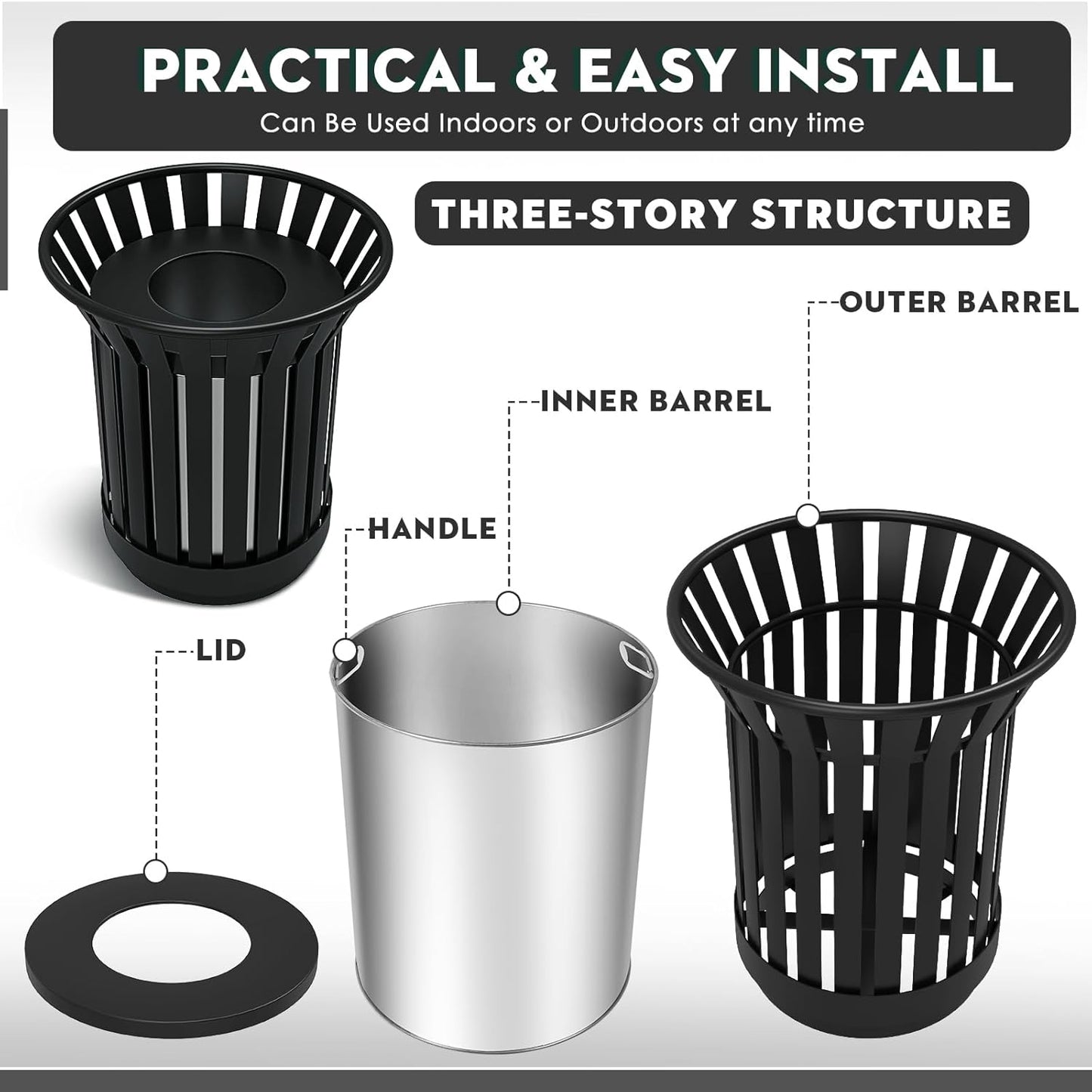 Round Heavy Duty Outdoor Trash Can, Large Metal Slatted Garbage Can for All Weather Resistant, Commercial Garbage Cans, Waste Receptacle in Park, Beach, Patio (Black, Medium)