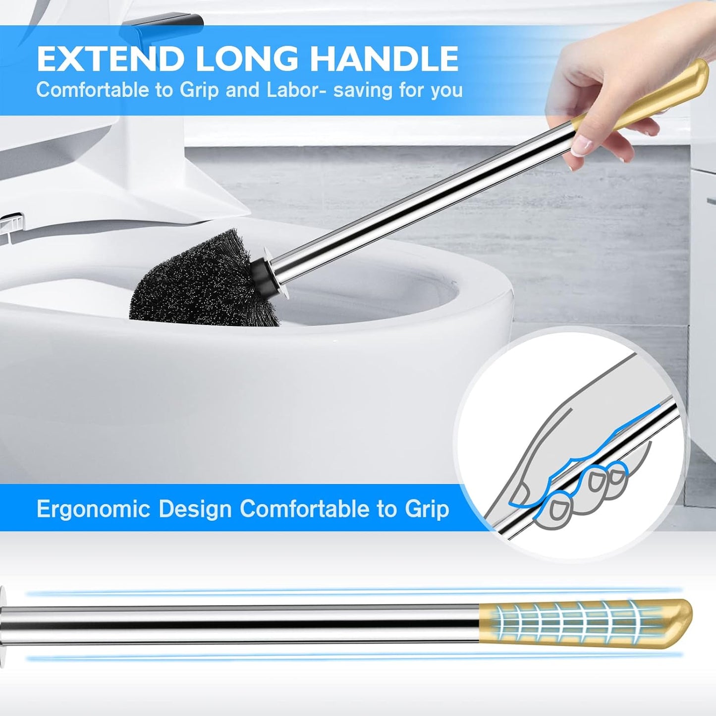 Toilet Brush and Holder 2 Pack, 304 Stainless Steel Toilet Brush with Extended and Durable Comfortable Brush Handle, Toilet Bowl Brush for Bathroom Toilet - Ergonomic, Pratical Durable (Gold)