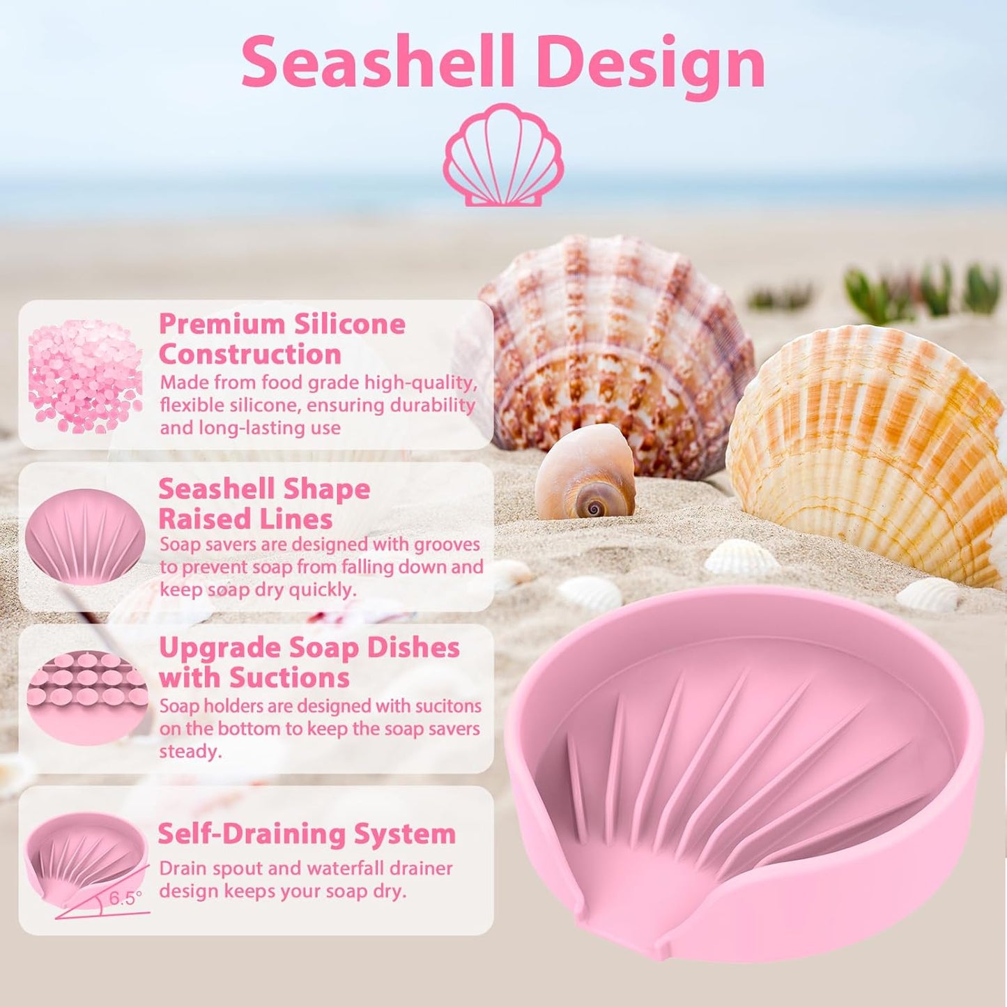 Self Draining Soap Dish, Silicone Suction Cup Soap Holder Tray Savers Container Sponge Holder for Bar Bathroom Shower Kitchen Sink, Can Extend Soap Life (2, Pink)