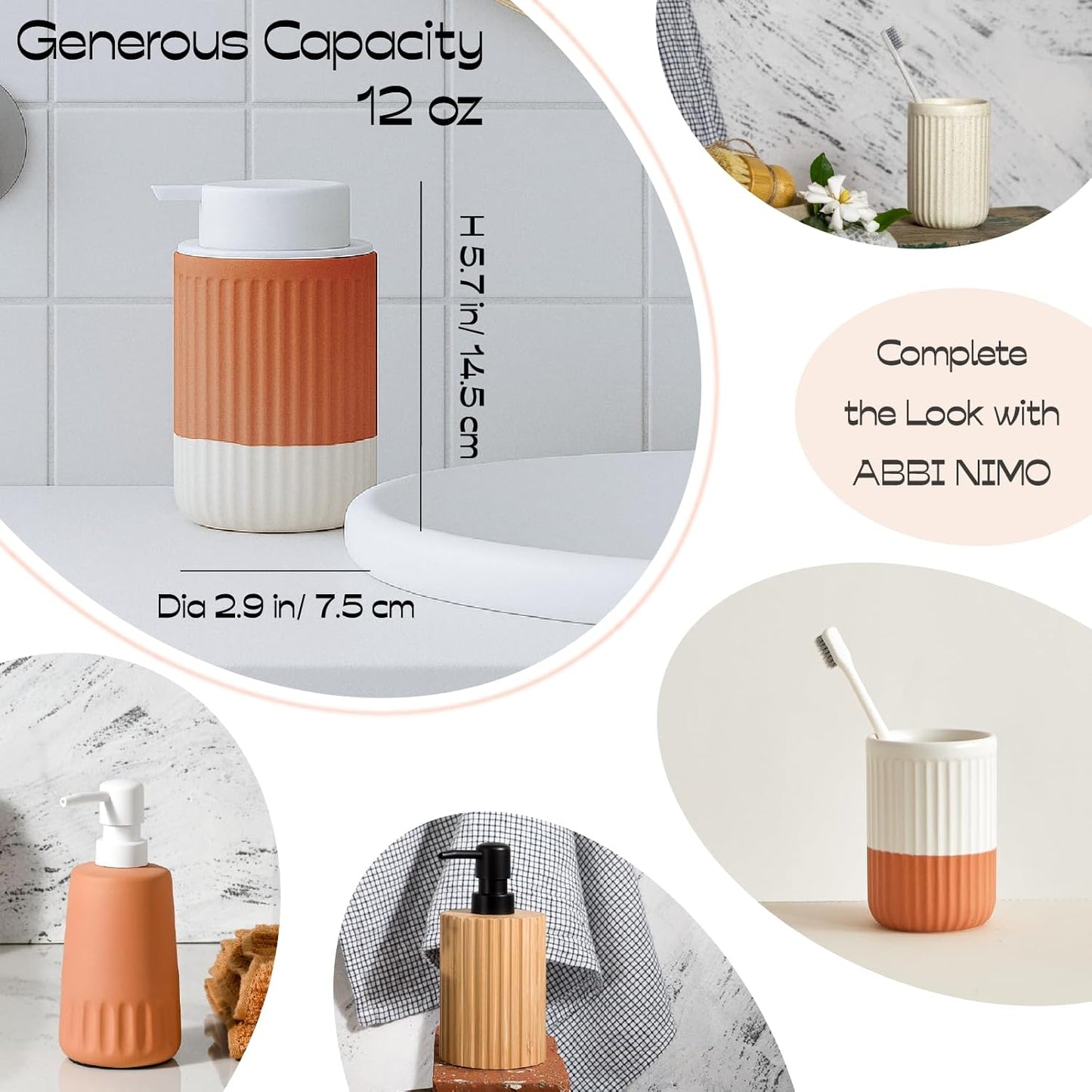 Hand Dipped Terracotta Ceramic Foam Soap Dispenser, 12 oz Rippled Bubble-Up Bottle with White Silicone Pump, Refillable Orange Hand Soap Dispenser for Bathroom