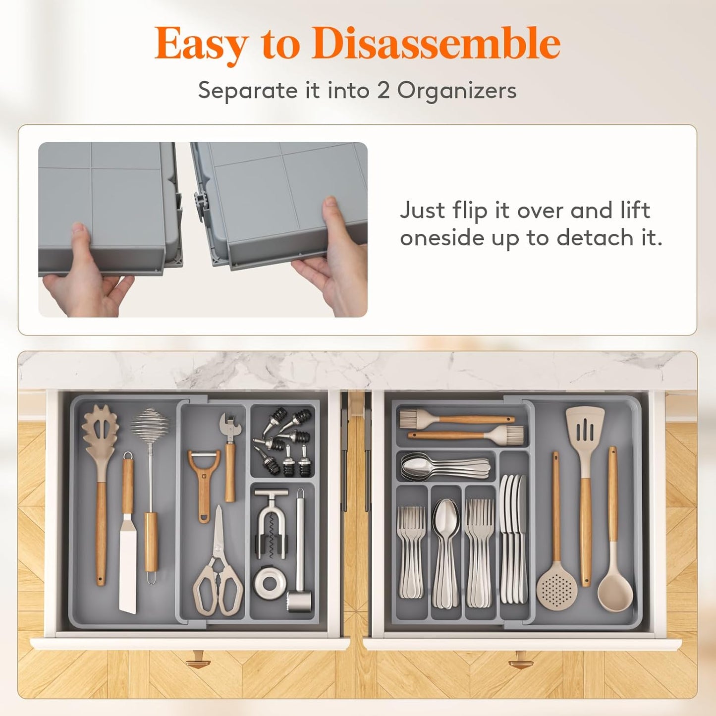 Lifewit Large Silverware Drawer Organizer, Plastic Cooking Utensil Tray for Kitchen, Expandable From 21 to 36 Inches, Adjustable Flatware Cutlery Spoon Fork Knife Spatula Gadgets Holder, Gray