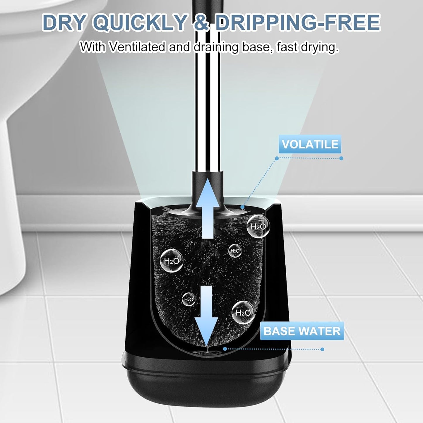 SetSail Toilet Brush and Holder 3 Pack, Self Closing Lid Toilet Bowl Brushes Holder Extra Long Handle Ventilated Toilet Brush Set for Bathroom Cleaning, Nylon Bristles, Black