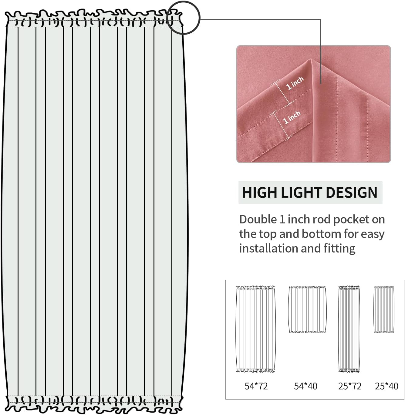 DWCN French Door Curtains – Rod Pocket Thermal Blackout Curtain for Window/Patio Doors/Doorways/Classroom/Kitchen for Privacy, 25W by 72L Inches, 1 Panel with Tieback, Dry Rose