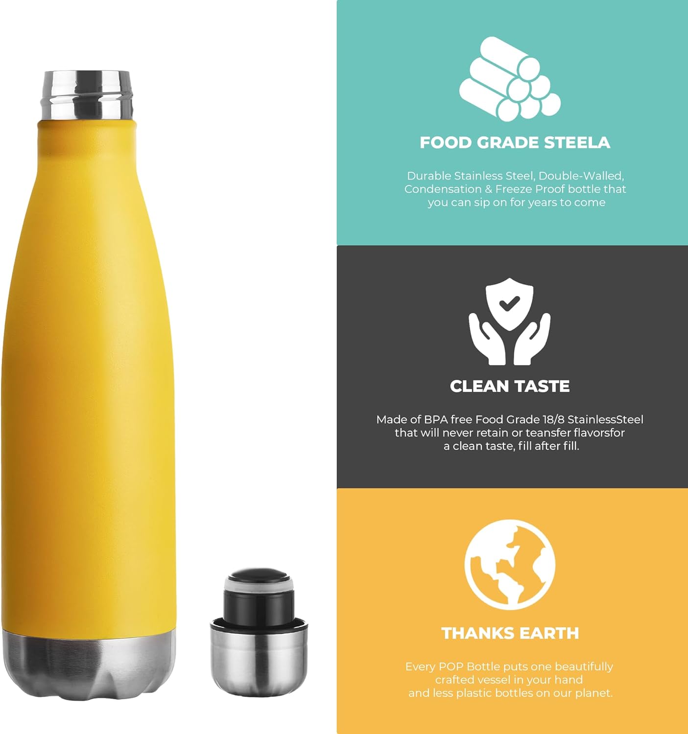 MEWAY 17oz Sport Water Bottle 4 Pack Vacuum Insulated Stainless Steel Leak-Proof Double Wall Cola Shape Water Bottle,Keep Drinks Hot & Cold(Yellow,4 Pack)