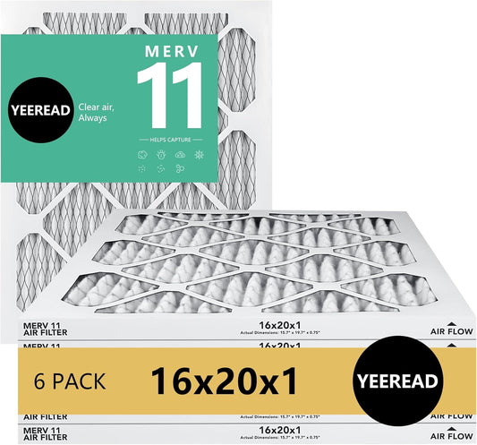 16x20x1 Air Filter, MERV 11, 6-Pack | Actual Size 15.7x19.7x0.75 |Compatible with HVAC, Air