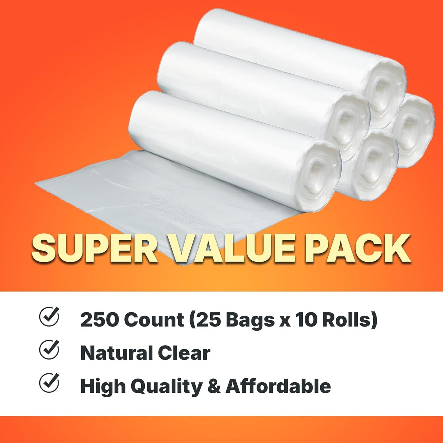33 Gallon Trash Bags, 16 Micron High Density Pure HDPE Garbage Can Liners Bulk, 33" x 40", Natural Clear, 250 Count