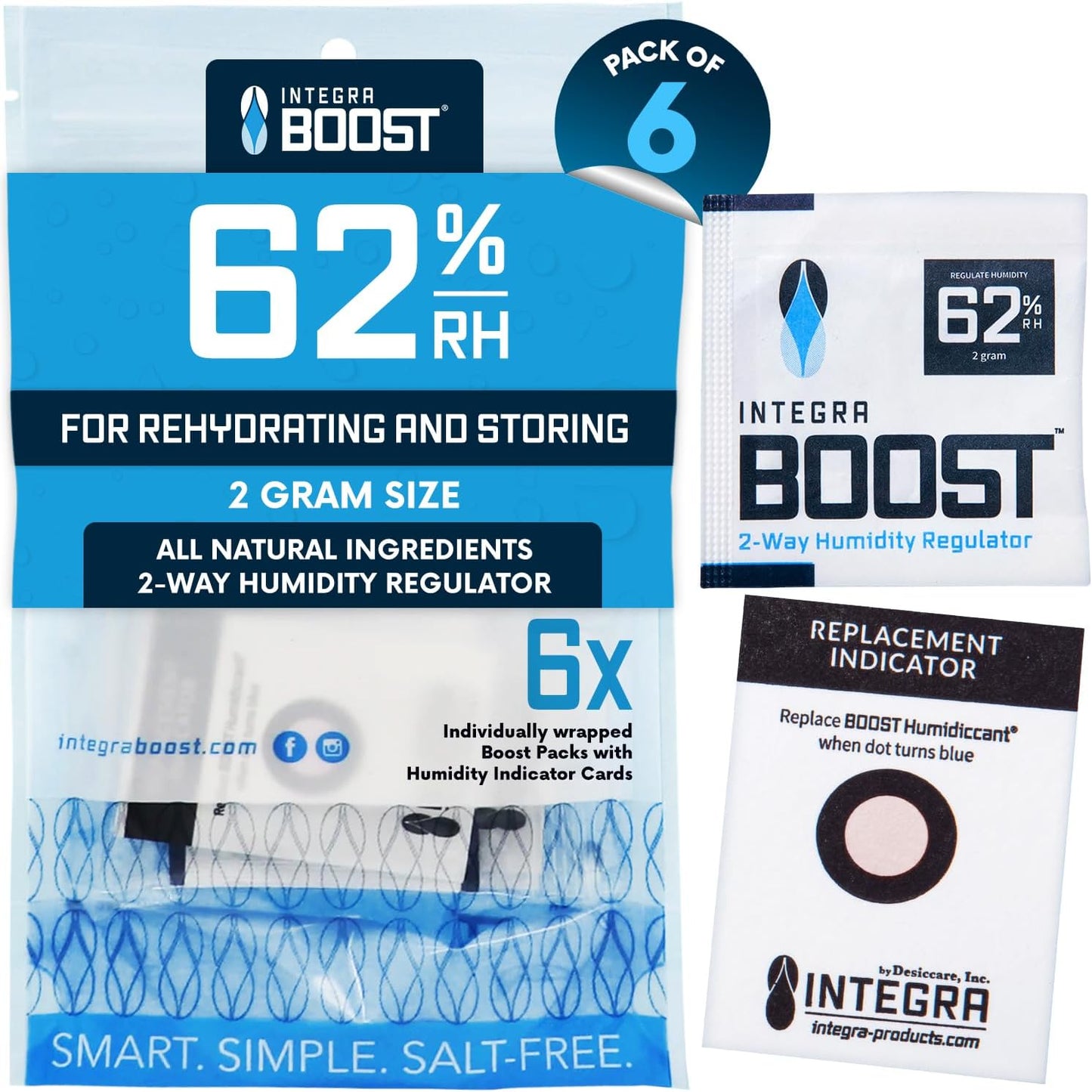 Integra Boost 2-Way Humidity Control Pack ??Patented Technology for Humidity Control ??Preserve Flavor & Maintain 62% RH ??Moisture Absorber for Herbs, Spices & More ??2 Gram (Pack of 6)