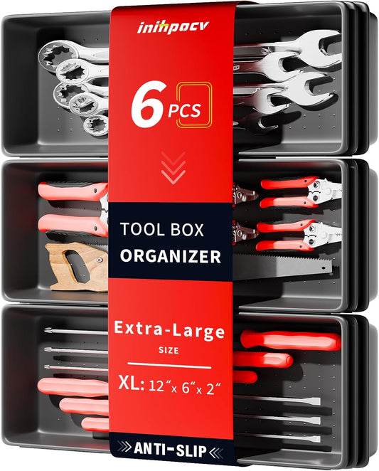 【6 PCS Extra-Large】 Tool Box Drawer Organizer Trays with Non-slip Pads, Heavy-Duty Tool Chest Drawer Organizer for Rolling Tool Chest and Garage Drawers, Truck Toolbox organizer and Workbench Storage