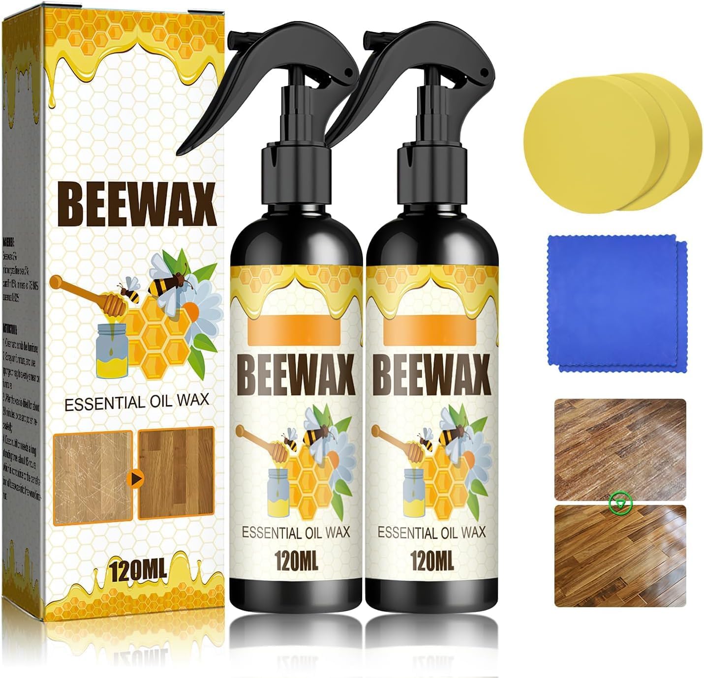 Natural Beeswax Spray Furniture Polish, Wood Cleaner, Wood Floor Polish - Beeswax Polish Spray Used to care for living rooms,kitchens,wood furniture floors (2PCS)