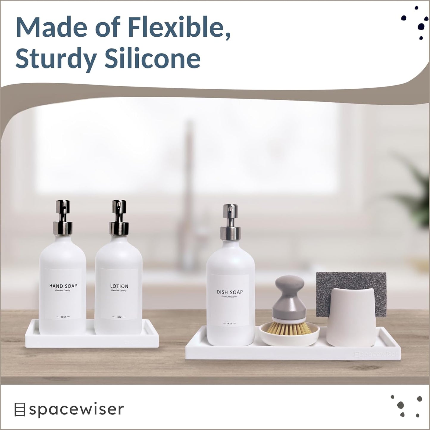 Countertop and Vanity Tray - 2 PC (11” and 7”) Shatterproof Silicone Kitchen and Bathroom Trays for Counter, Kitchen Soap Dispenser Tray, Vanity Trays for Bathroom, Perfume Key Tray