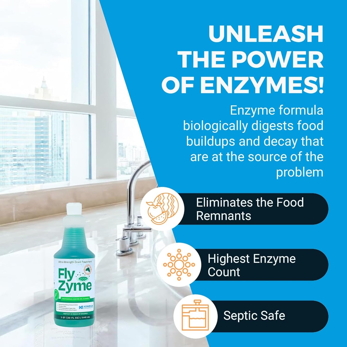 Kinzua Environmental Fly-Zyme, Highly Concentrated Enzyme Drain Cleaner for Pipes, Drain Gel for Fruit Flies, Organic Waste Degrader & Odor Neutralizer, 32 fl oz