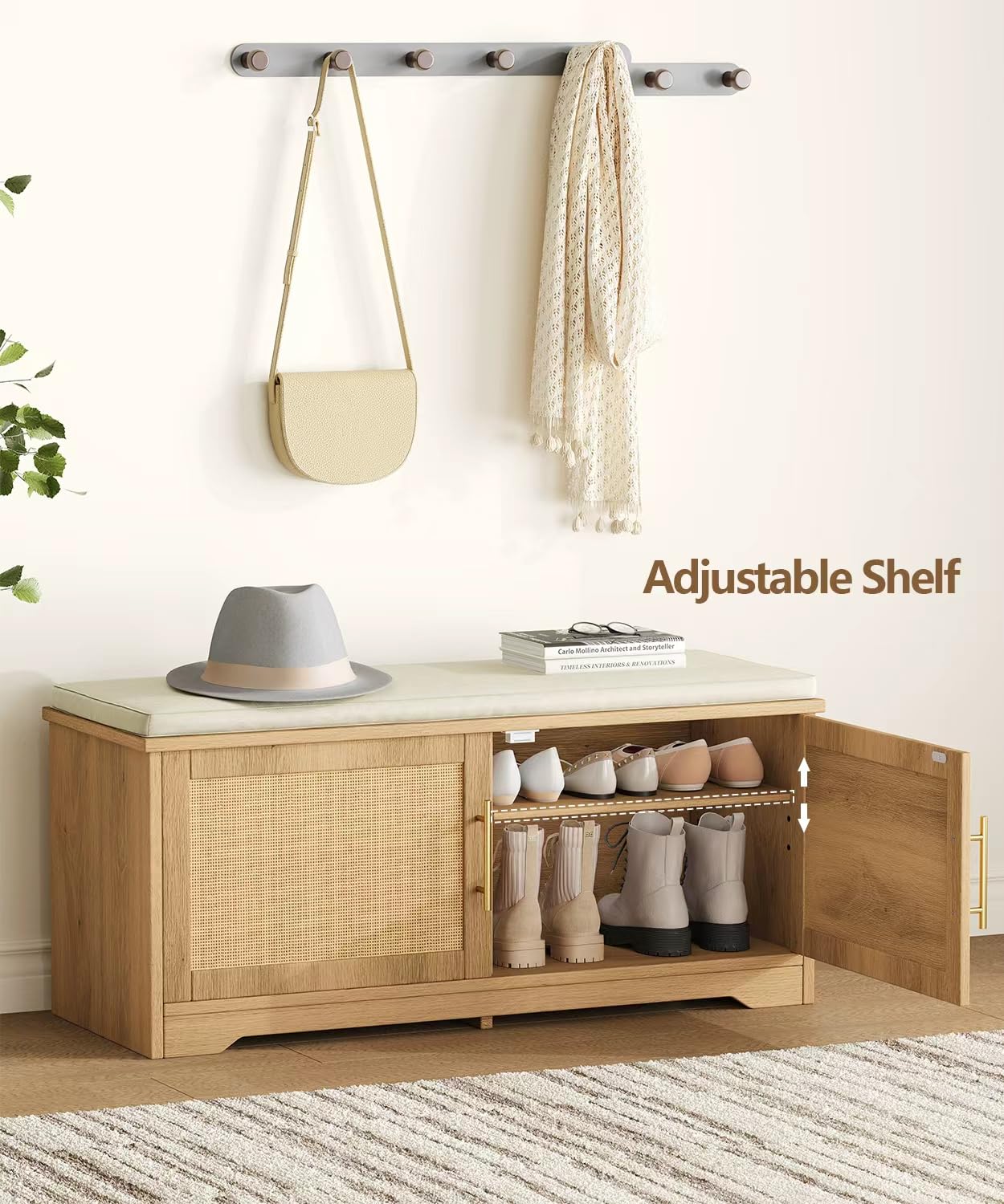 Zeibospri Rattan Shoe Storage Bench, 39.4" Wide Entryway Bench, Natural Oak