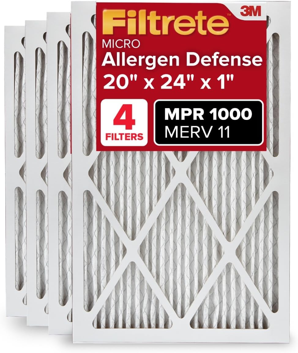 Filtrete 20x24x1 AC Furnace Air Filter, MERV 11, MPR 1000, Micro Allergen Defense, 3-Month Pleated 1-Inch Electrostatic Air Cleaning Filter, 4 Pack (Actual Size 19.81x23.81x0.81 in)