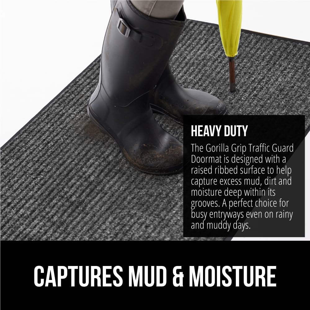 GORILLA GRIP Traffic Guard Door Mat, 59x24, Heavy Duty Welcome Mats, Commercial Office Space Doormat, Waterproof, Fade Resistant, Strong Rubber Backing, Low Profile, Shoe and Boot Scraper, Light Gray