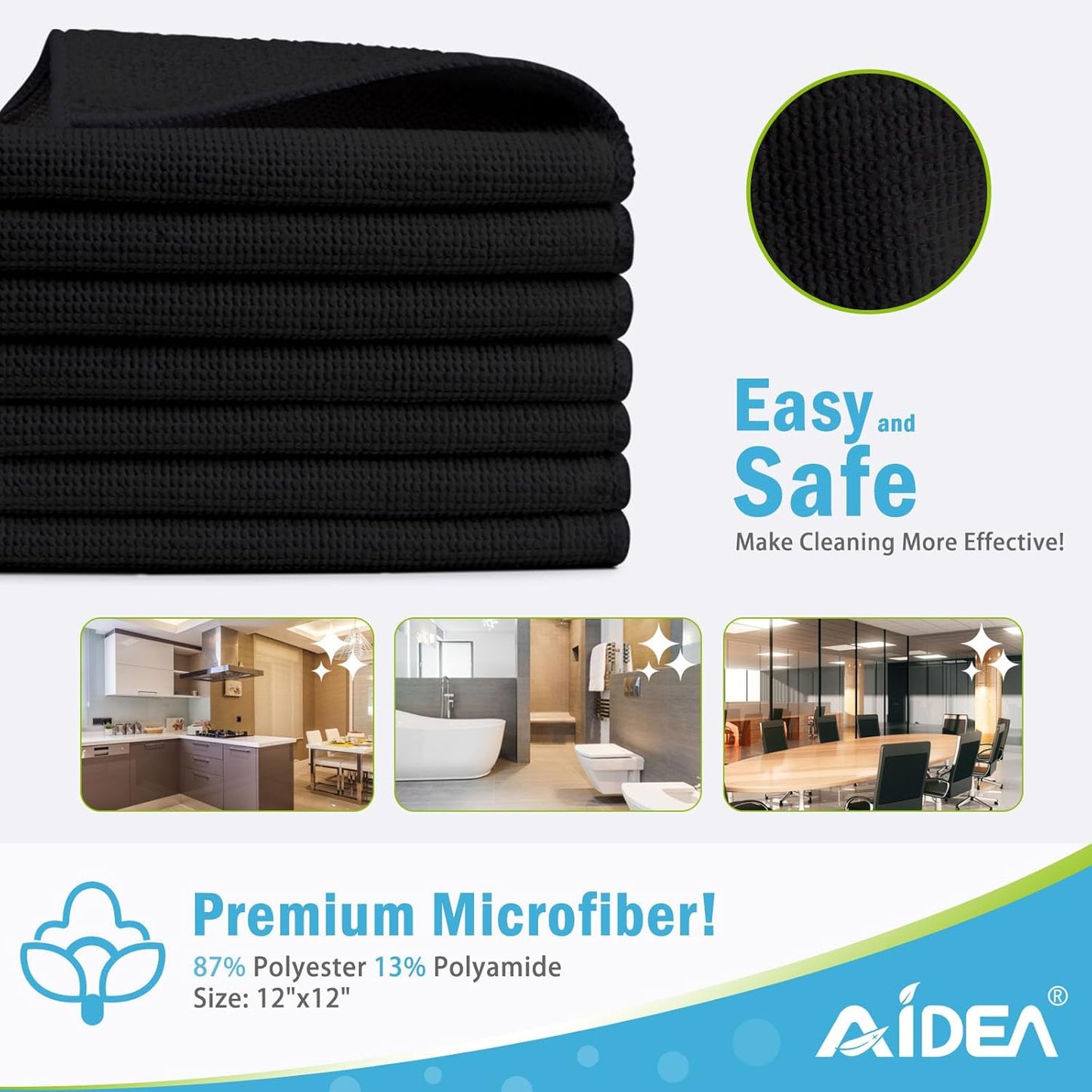 AIDEA Microfiber Cleaning Cloth-50PK, Soft Microfiber Towels for Cars, Absorbent Cleaning Rags, Lint-Free Streak-Free Wash Cloths for House, Kitchen, Window(12in.x12in), Black