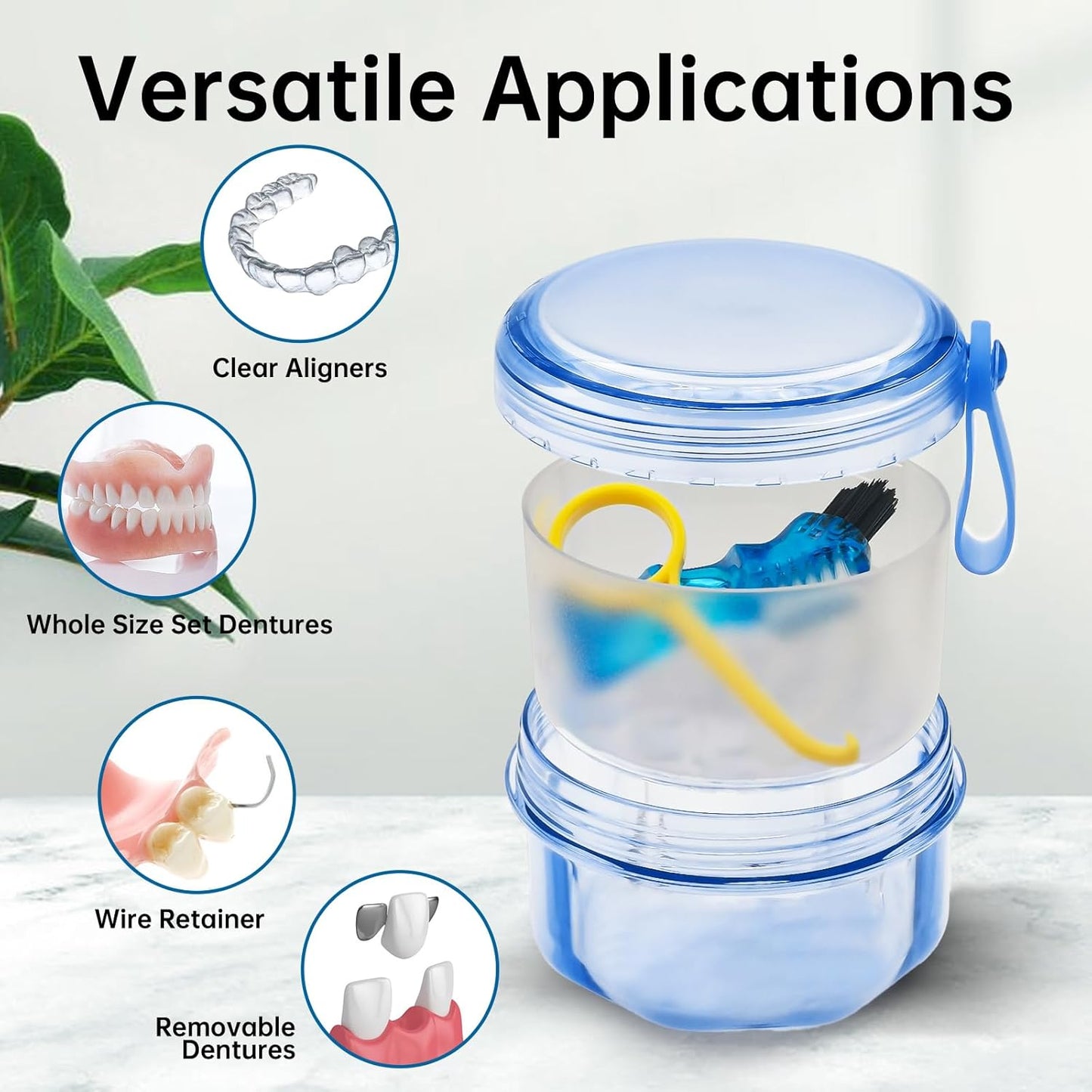 No Leak Partial Denture Case Retainer Bath Box Cup, Denture Soaking Cup False Teeth Holder Box Case with Strainer Basket and Brush - Transparent Blue