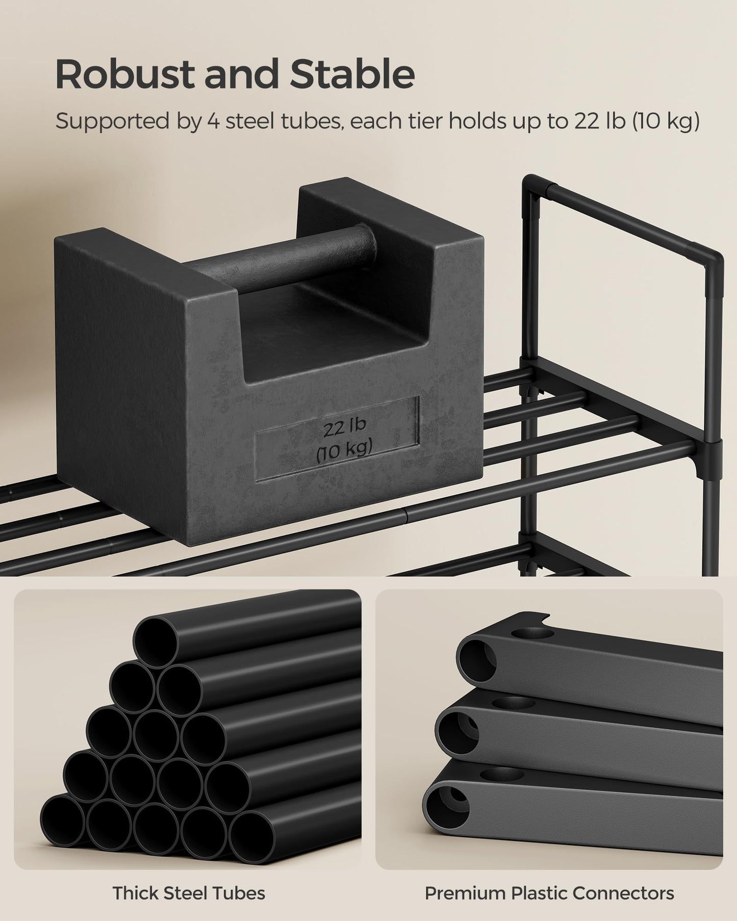 SONGMICS Shoe Rack, 3-Tier Shoe Organizer, Metal Storage Shelf, Upright or Upside Down, for 16-20