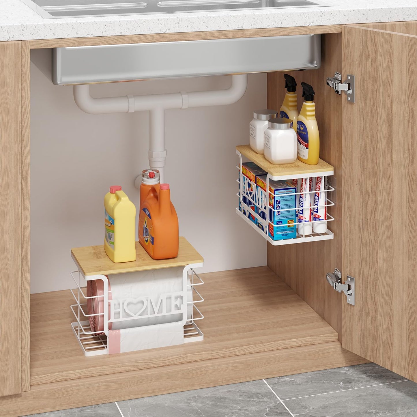 Trash Bag Holder, Thipoten Trash Bags Dispenser with Bamboo Top, Suitable for Garbage Bags Purchased Online or Supermarket, Perfect Storage Organizers for Cabinet, Under Sink (White, Large)