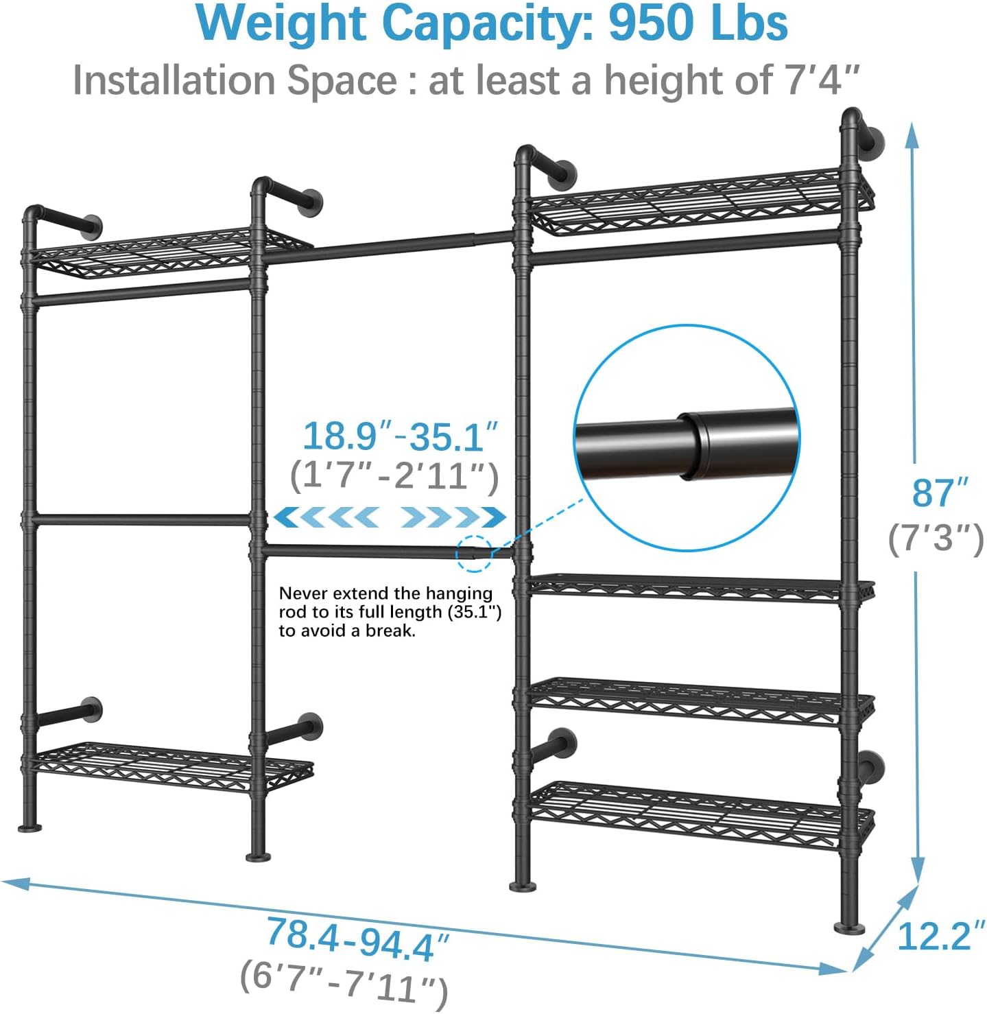 Timate F3 Garment Rack Heavy Duty Clothes Rack for Hanging Clothes, Expandable Industrial Pipe Wall Mounted Clothing Racks, Adjustable Storage Wardrobe Closet Kit Walk in Closet Systems, Black