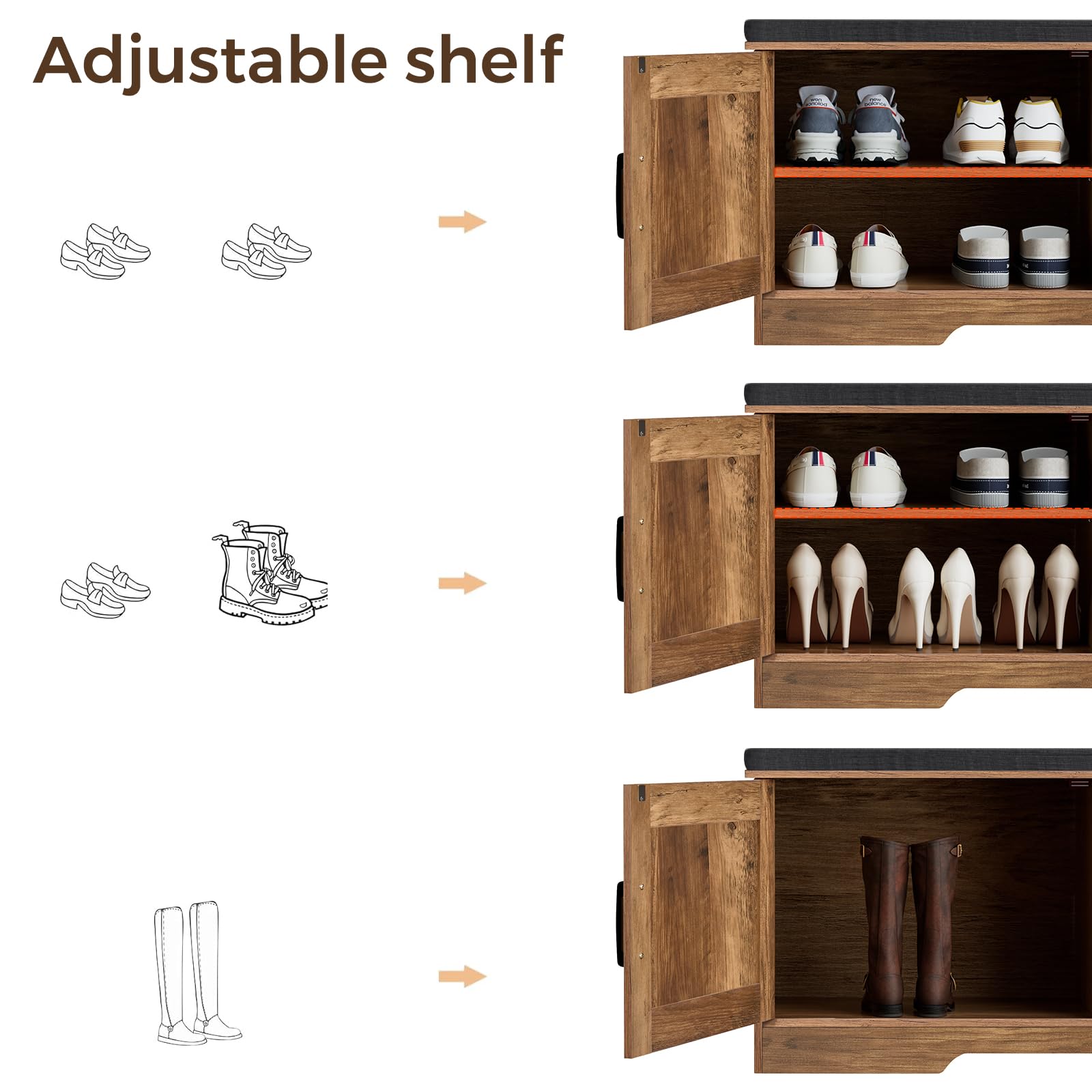HOMSHO Farmhouse Shoe Storage Bench with 4 Barn Doors & Padded Seat Cushion