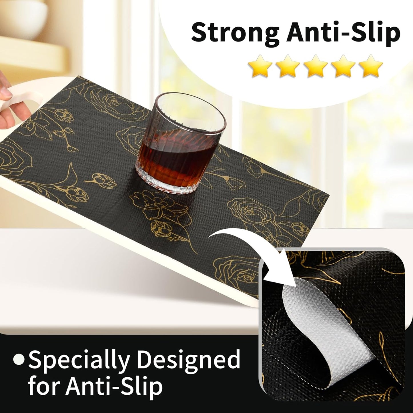 Shelf Liners for Kitchen Cabinets 17.5in x 20FT Non Adhesive Drawer Liner Black Floral Thickened Shelf Liner Paper Strong Non-Slip Easy to Clean for Tool Box Refrigerator with Knife and Tape Measure