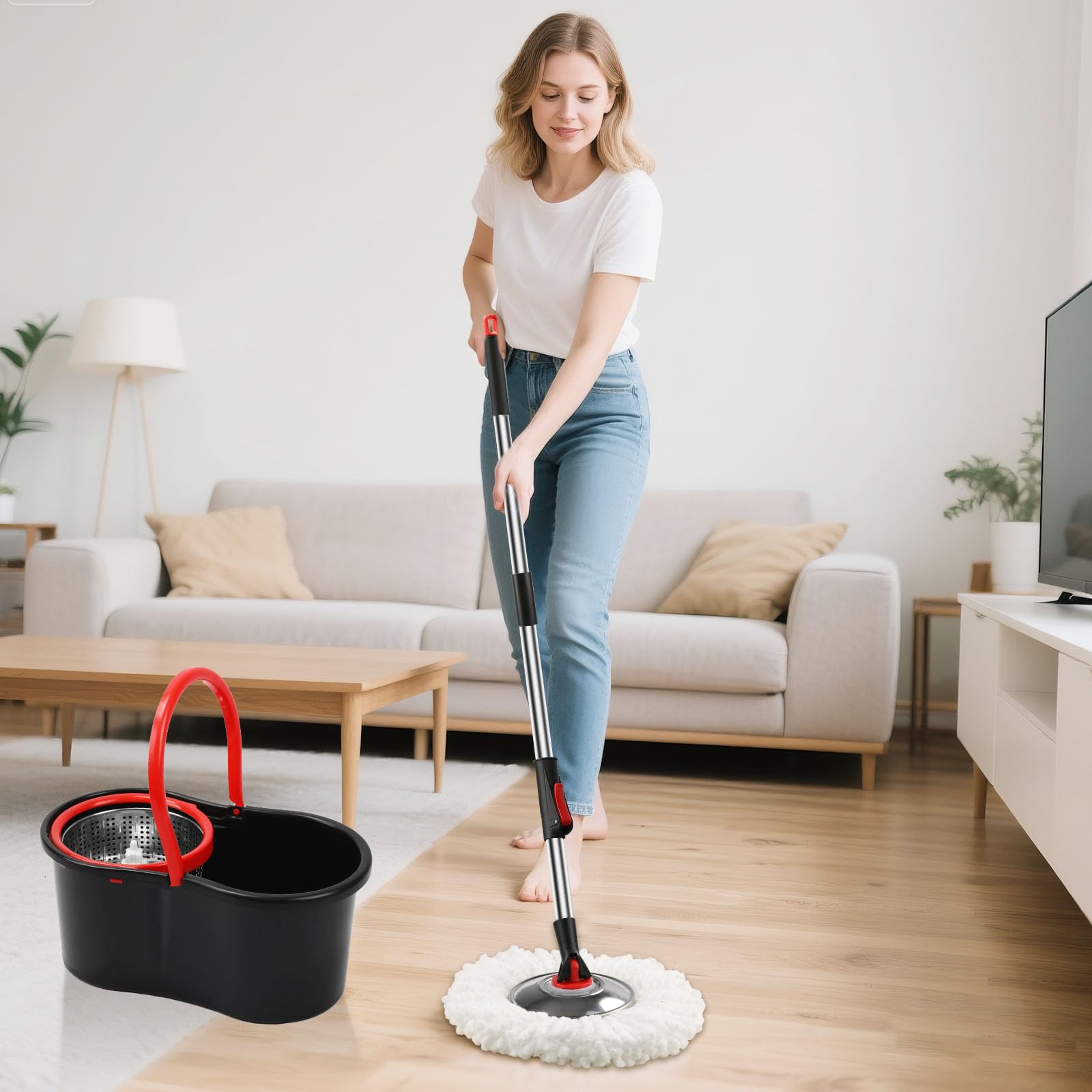 Spin Mop and Bucket with Wringer Set, 3 Microfiber Mop Heads, 51" Handle