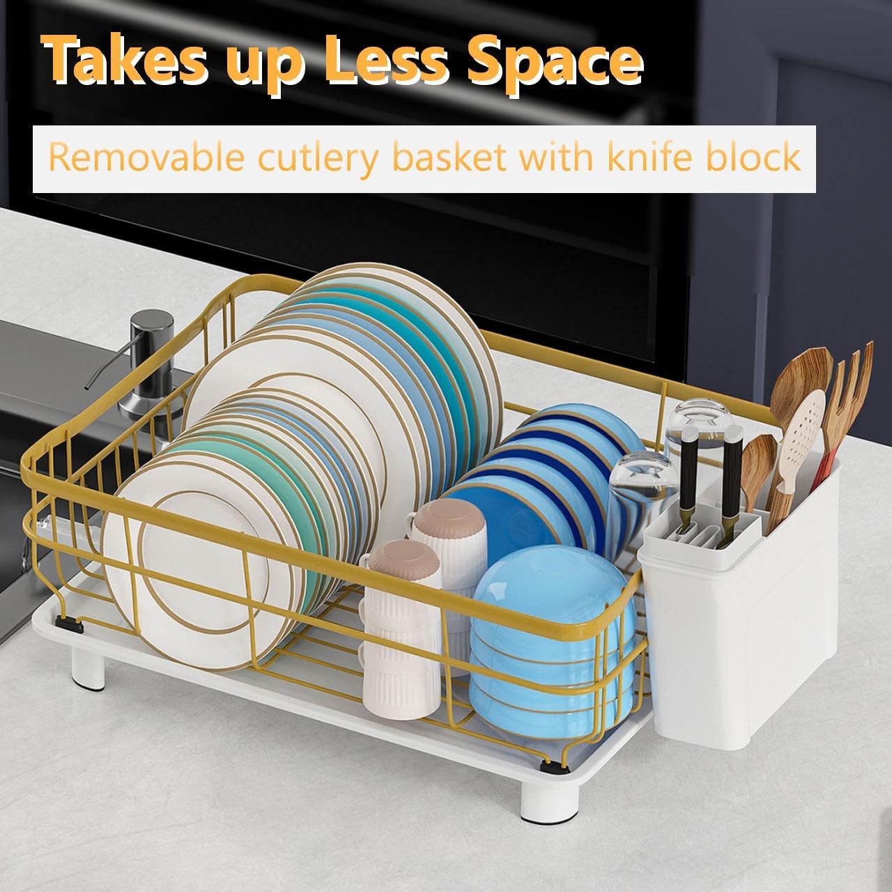 Iron Dish Drying Rack with Drainboard Dish Drainers for Kitchen Counter Extendable Spout Strainers with Utensil Holder and Knife Slots, Gold