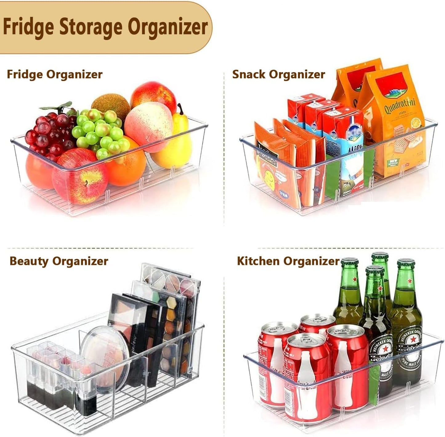 5 Pack Pantry Organizers and Storage,4 compartment Snack Containers for Kitchen,Fridge,Refrigerator Organization and Storage,Clear Plastic Bins for Spice,Tea bag,Seasoning organizer