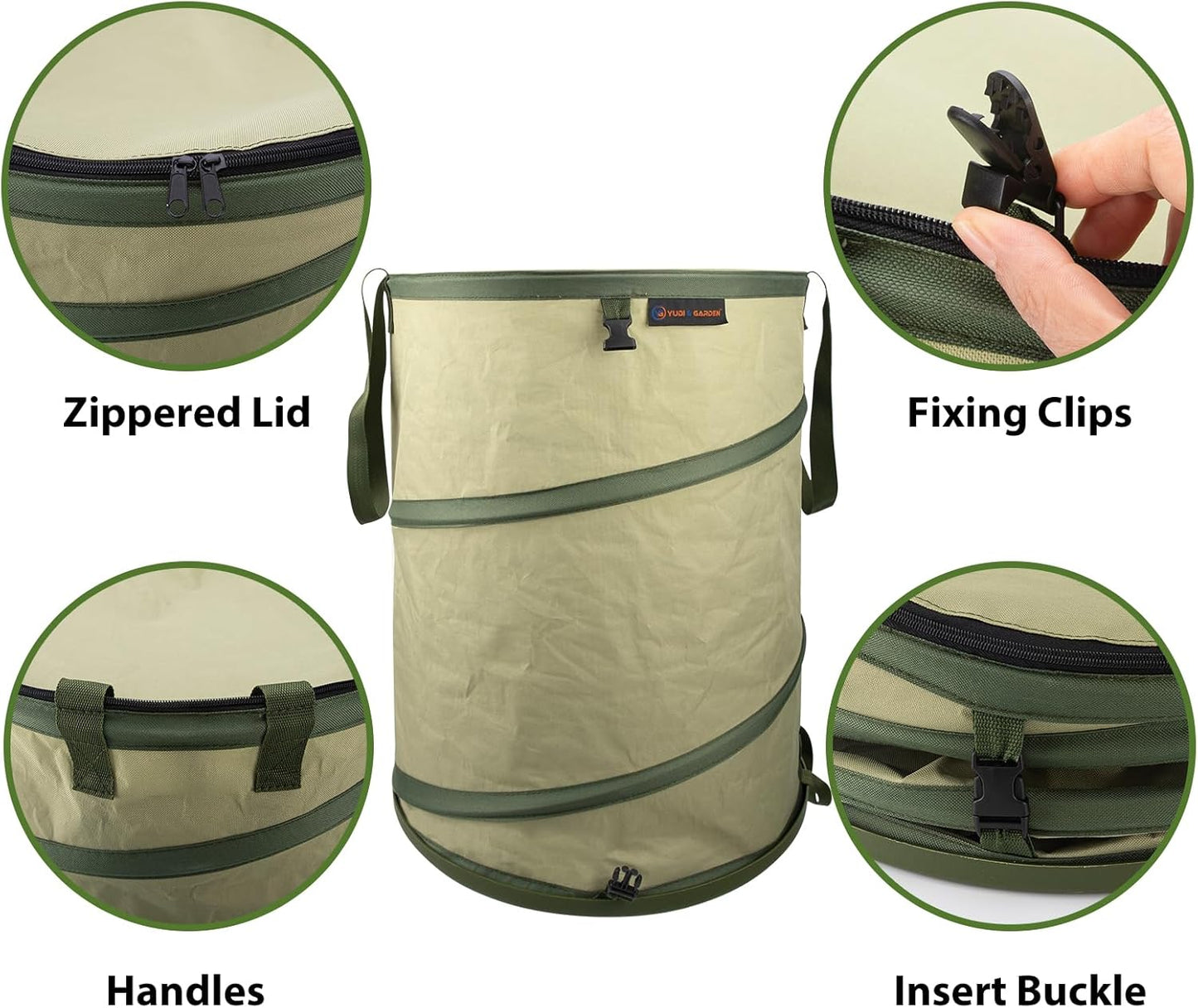 YUDI & GARDEN 29 Gallon Hard Bottom Collapsible Trash Can｜Collapsible Garden Bag｜Camping Trash Can, Green 2-Pack for Collecting Weeds or Yard and Party Waste