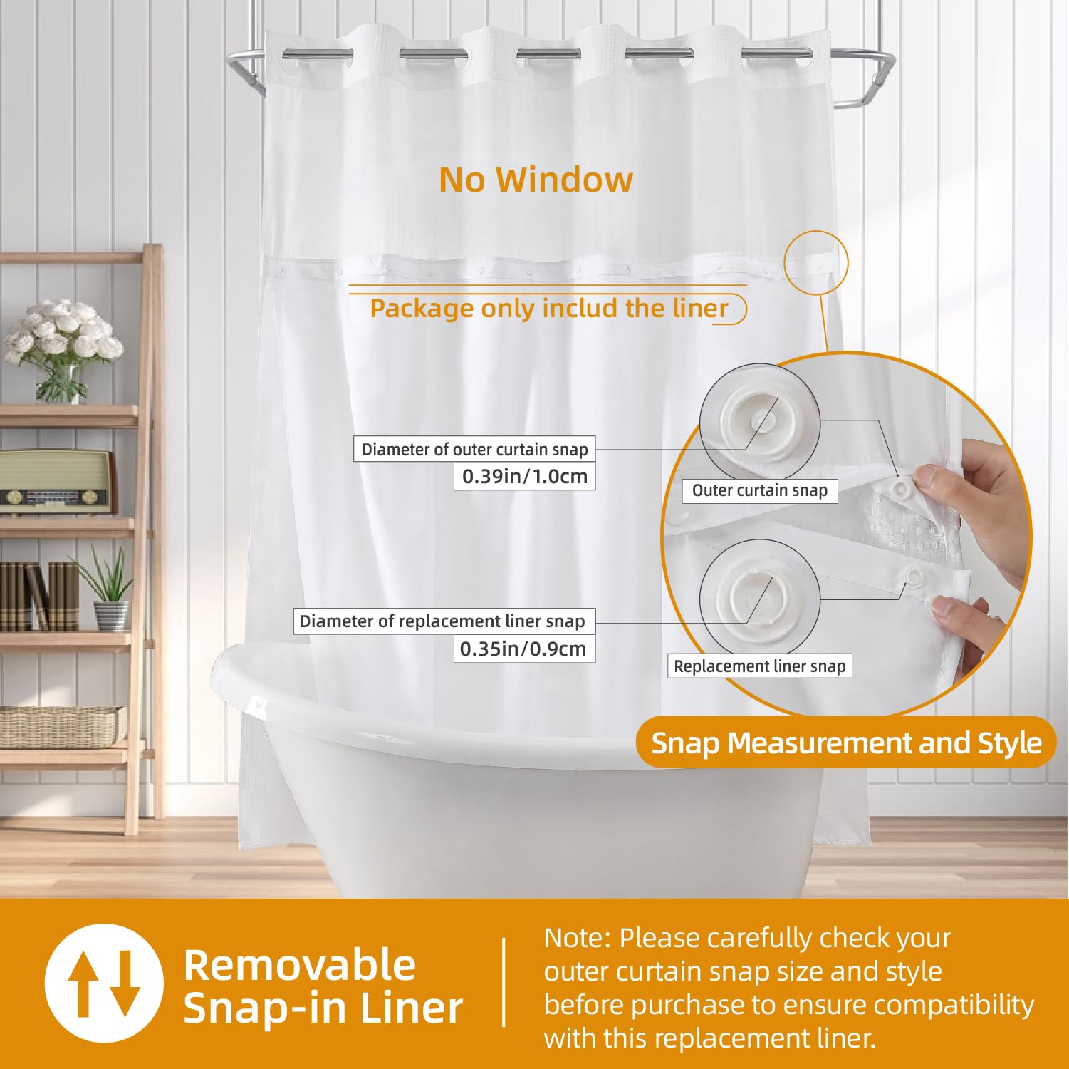 eachope 1 Pack Fabric Snap-in Shower Curtain Liner Replacement,Compatible with No Hook Shower